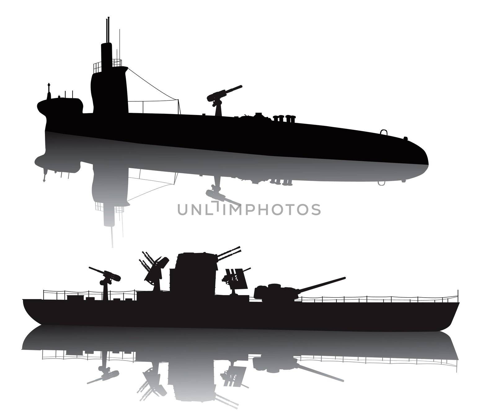 WW2 submarine and military ship vector silhouette with reflection