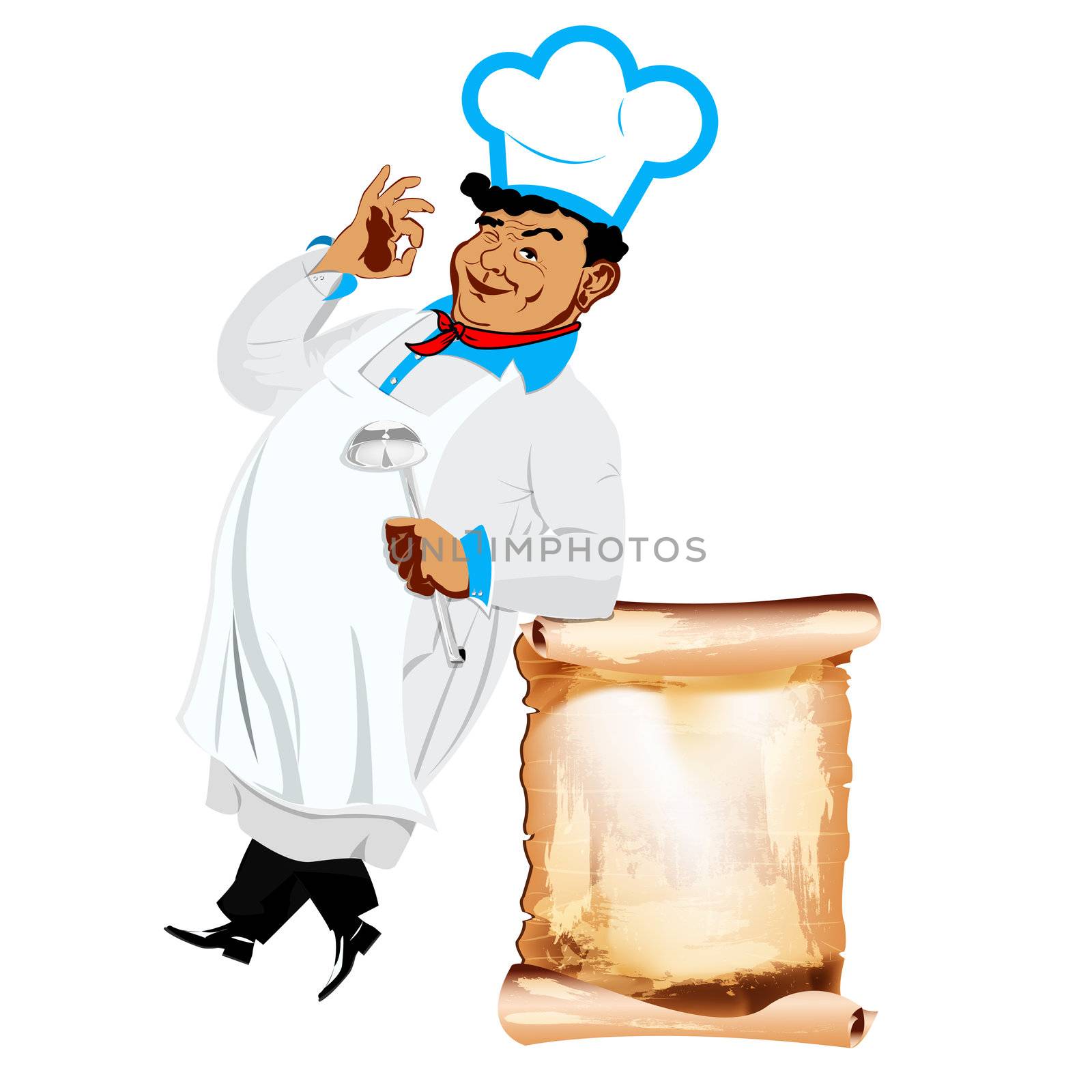 Funny happy Chef and menu on a white background