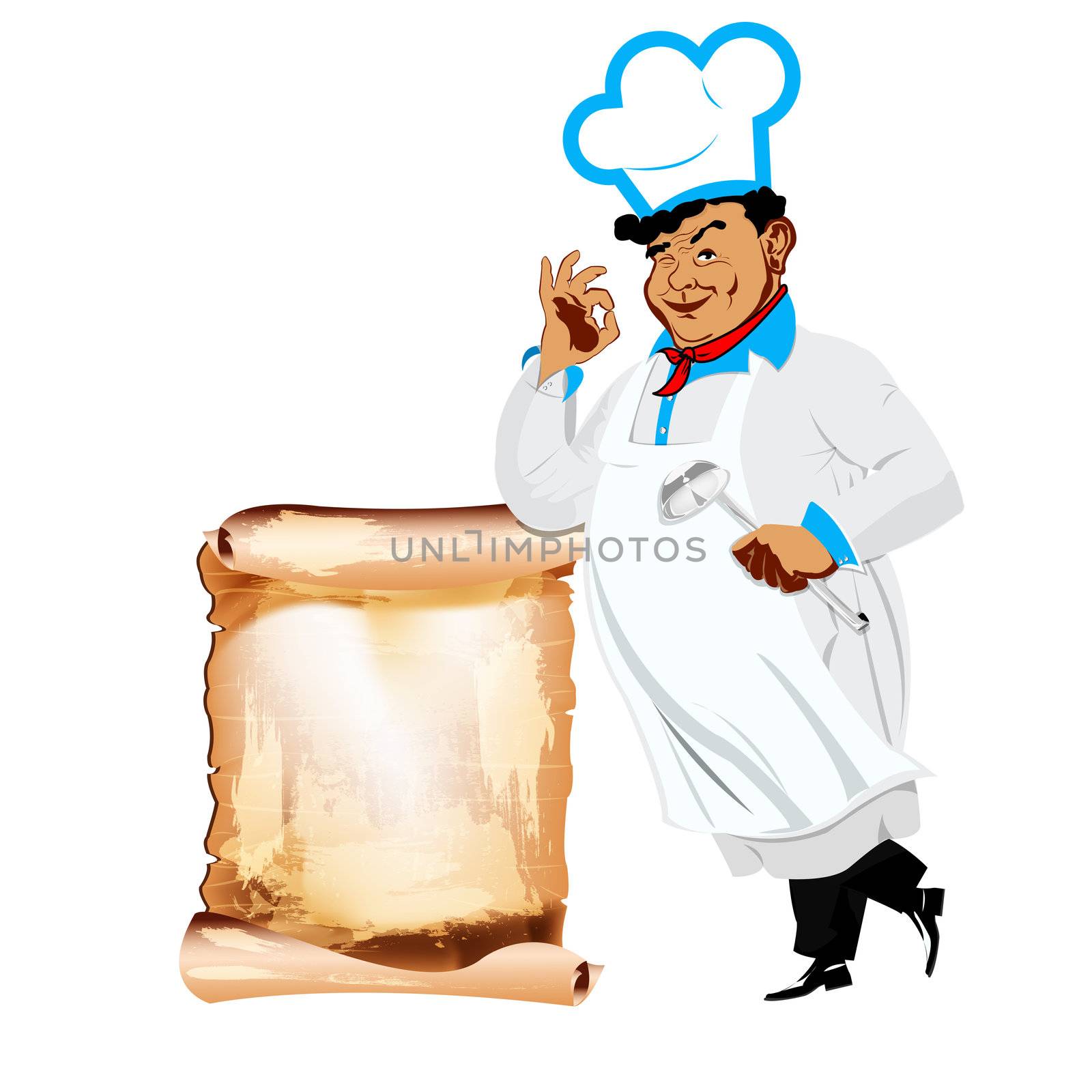 Funny happy Chef and menu on a white background