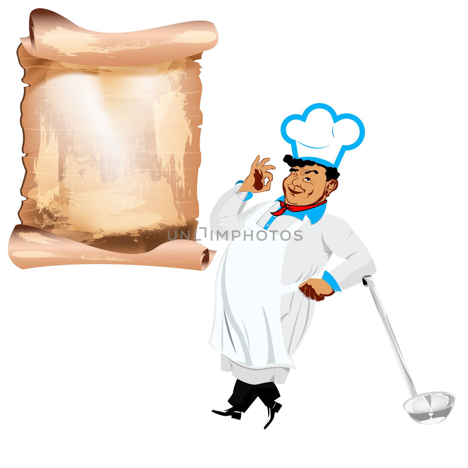 Funny happy Chef and menu on a white background