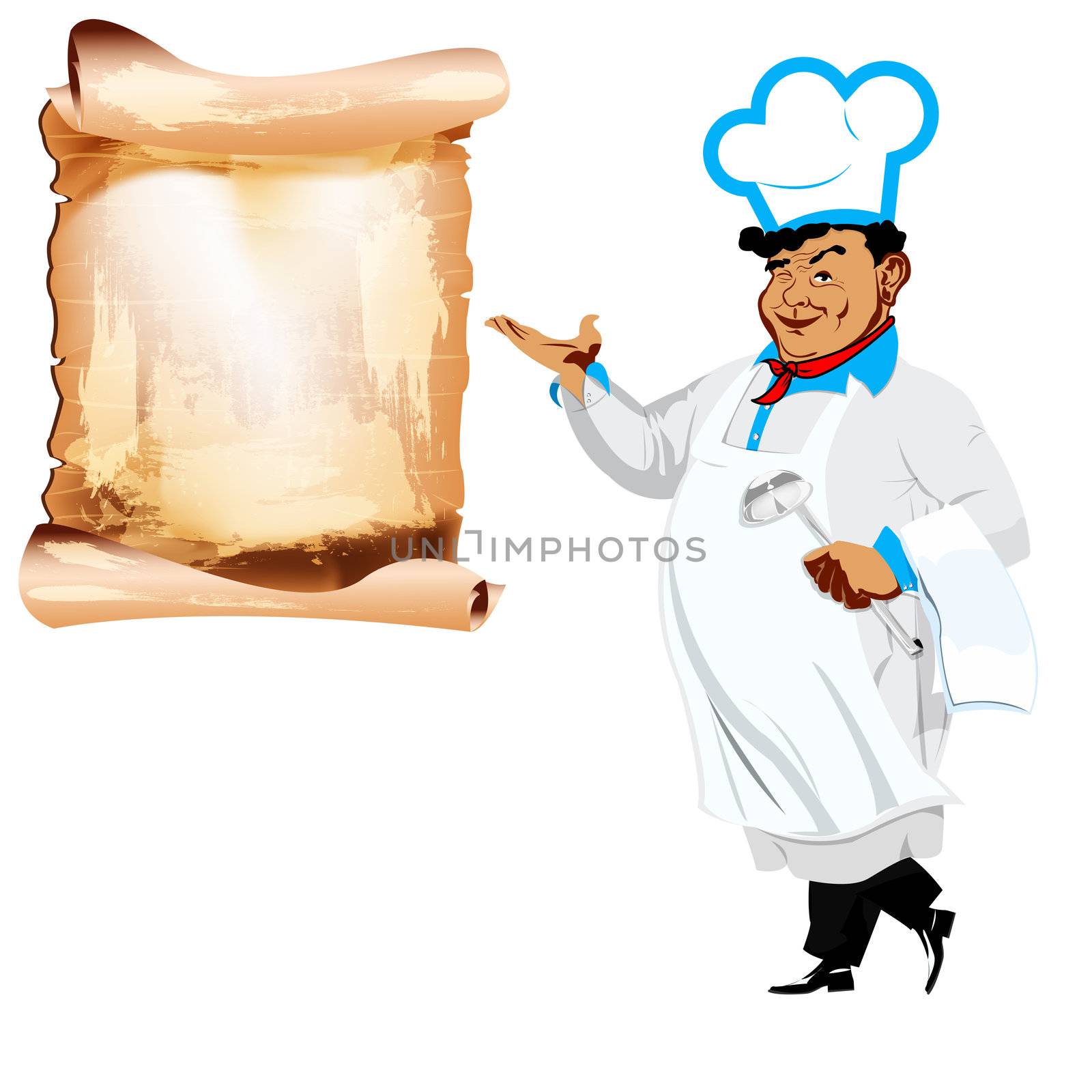 Funny happy Chef and menu on a white background