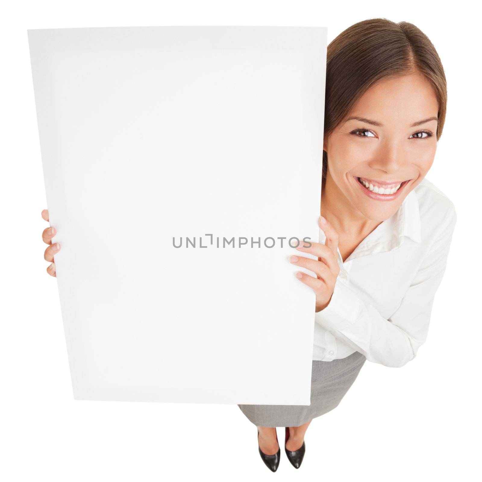 Woman showing a white board sign poster by Maridav