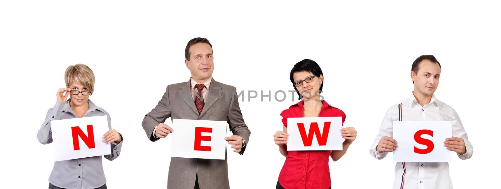 people are holding signs marked news