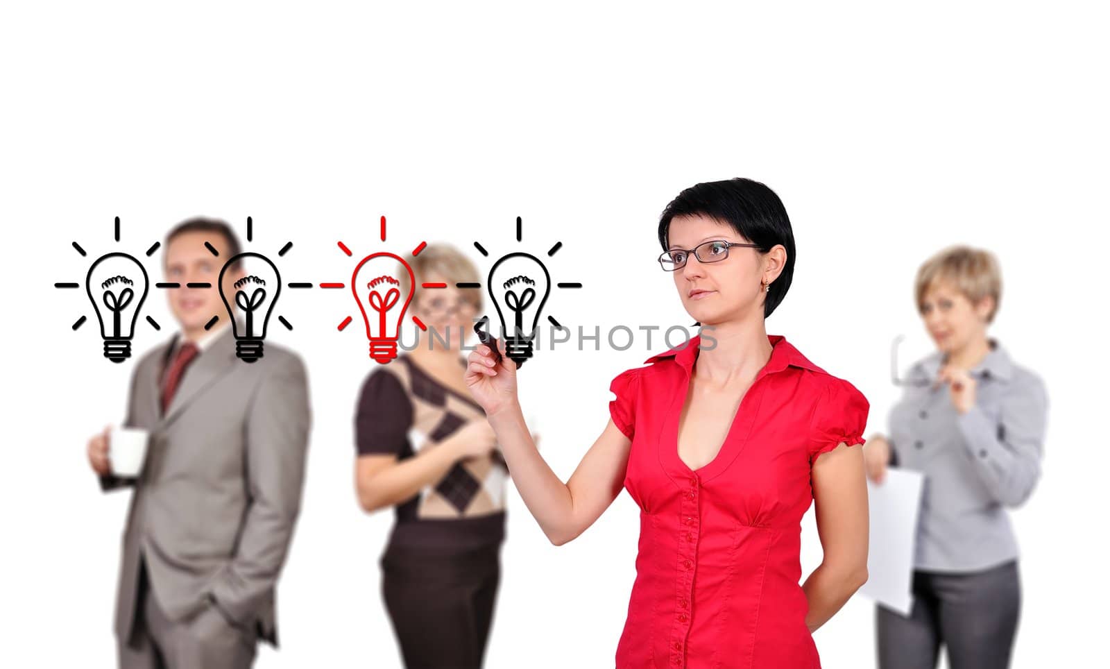 businesswoman drawing lamps, idea concept