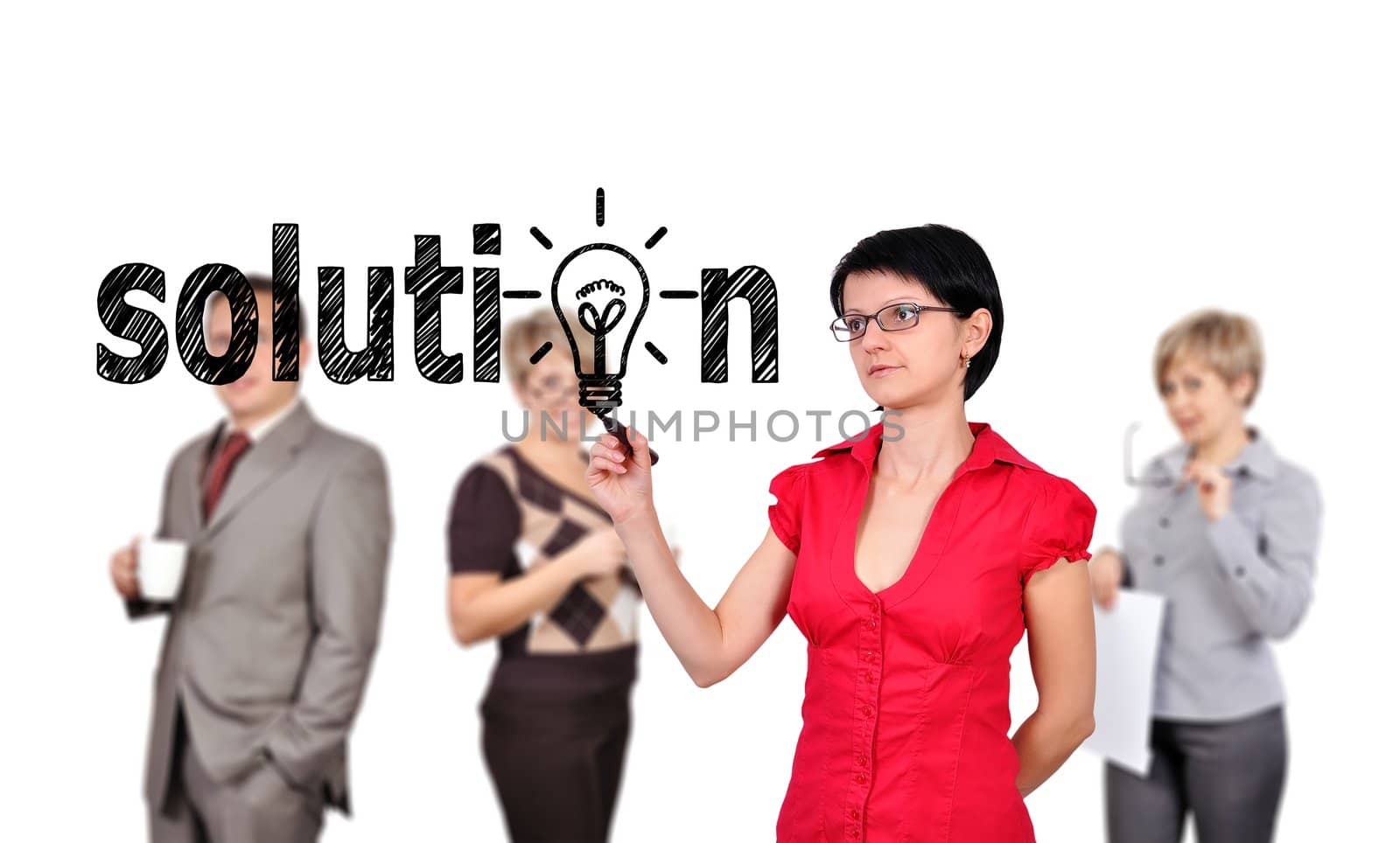 businesswoman drawing solution and people on background