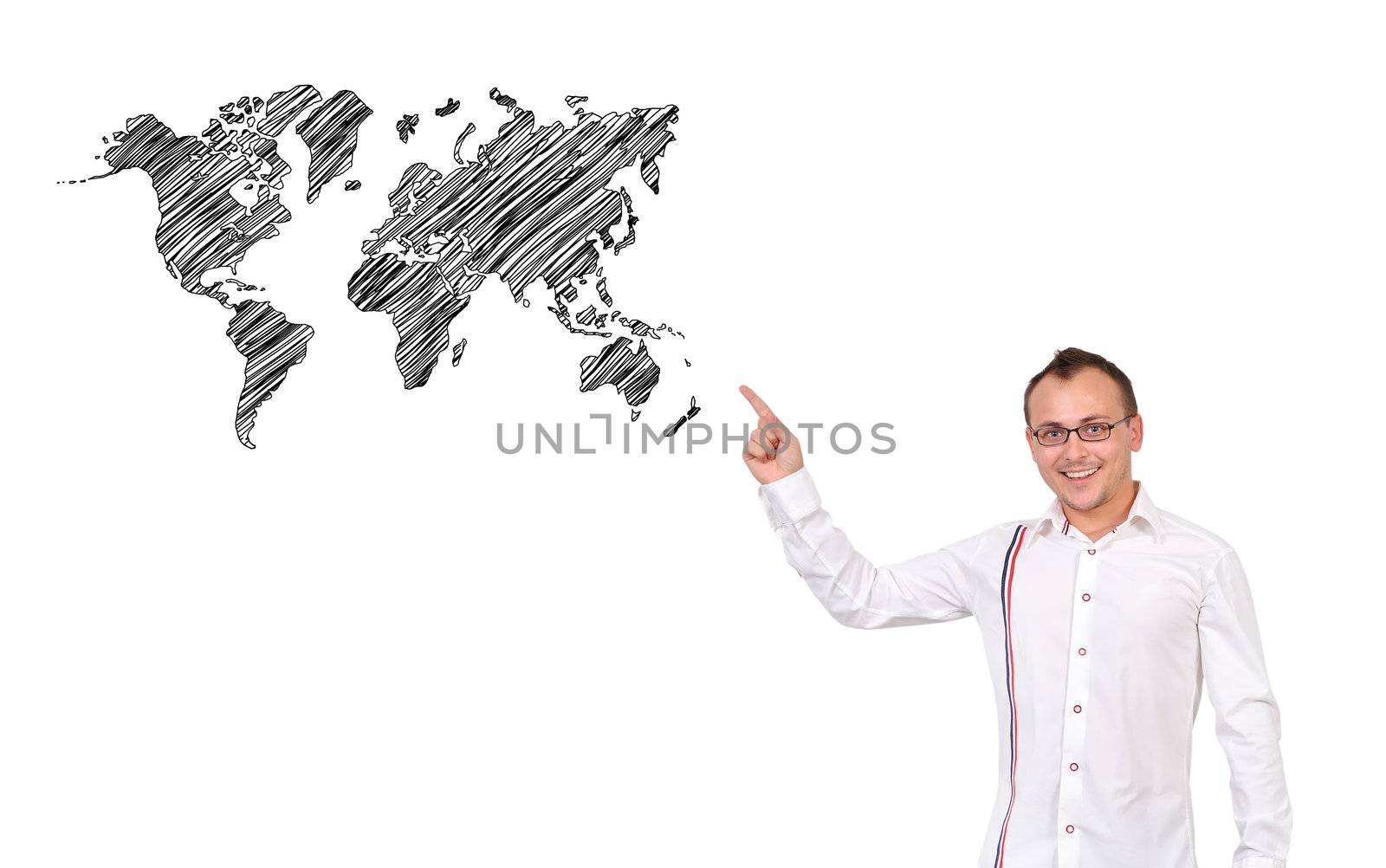 businessman pointing at world map