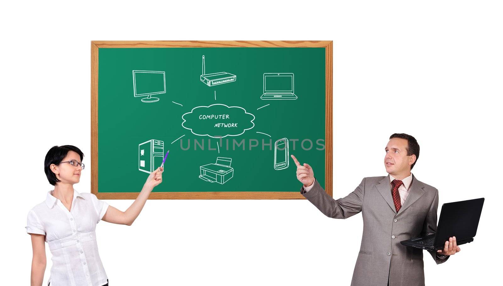 woman and businessman pointing at computer network on desk