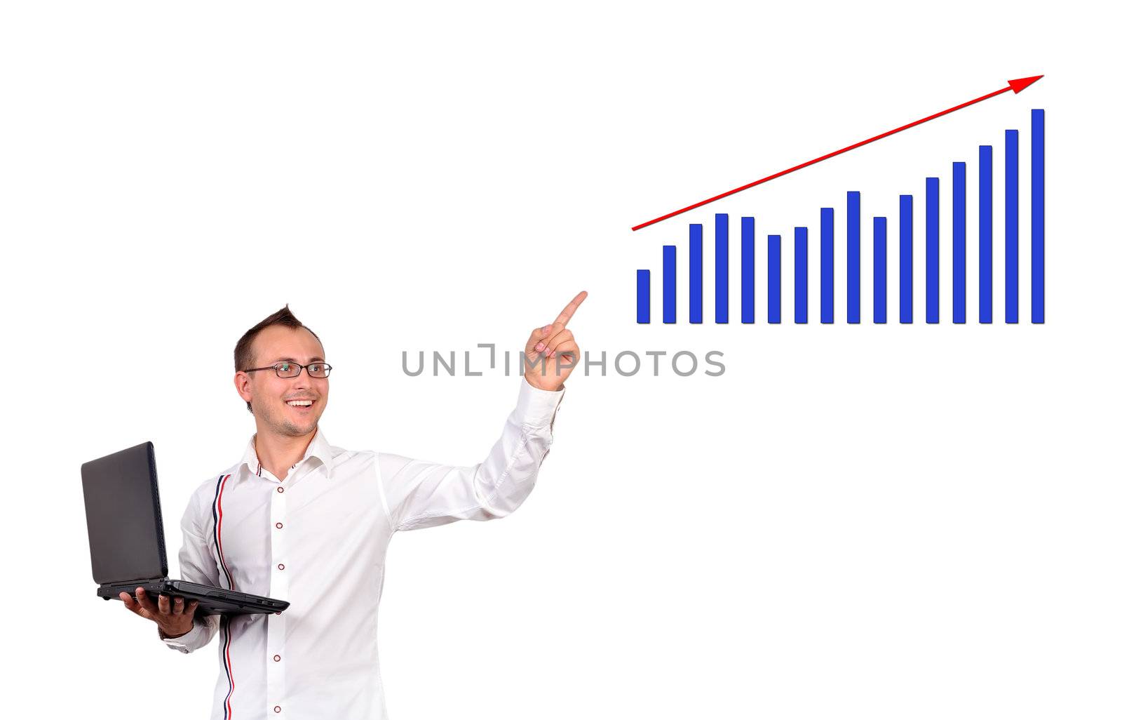 businessman with notebook point to growth chart