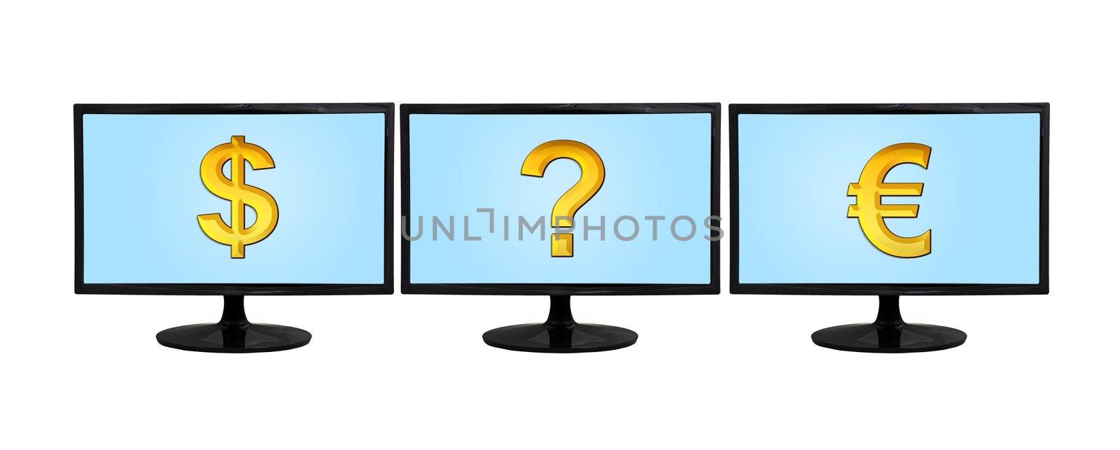 three computer monitor with money sign on a white background