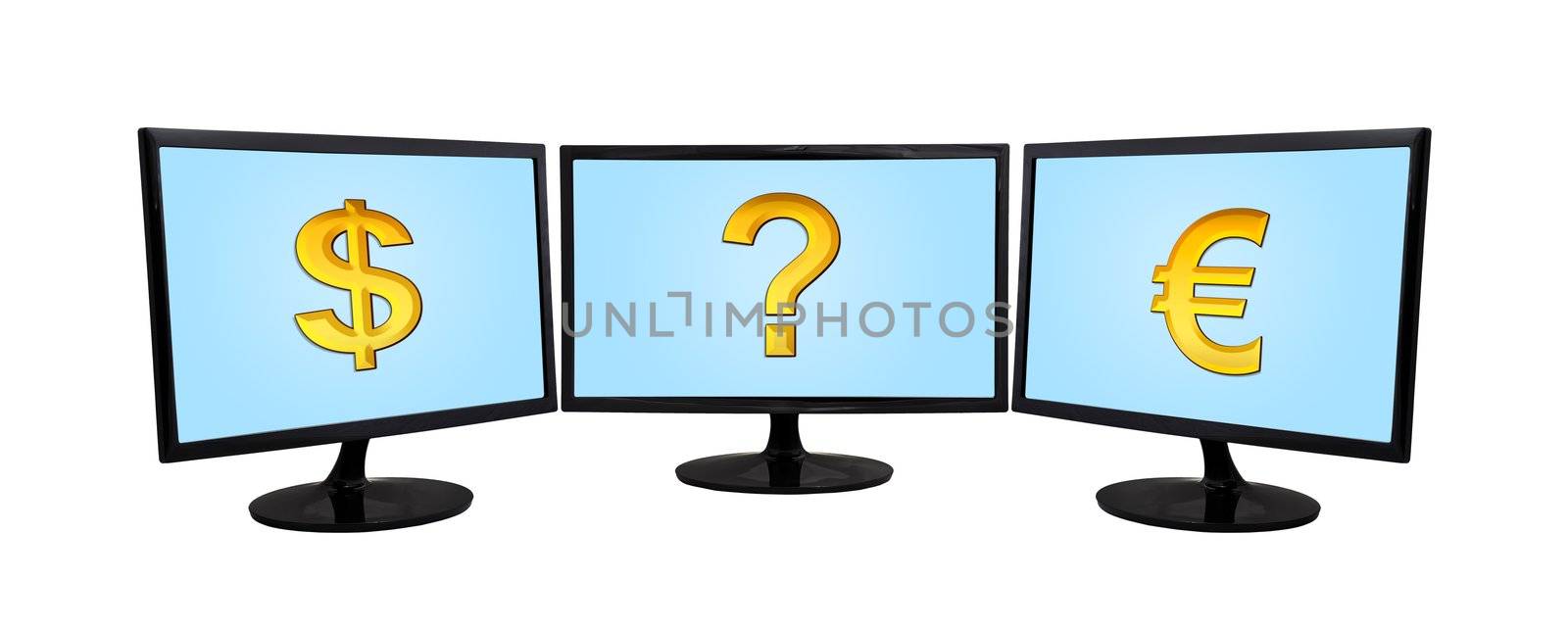 three computer monitor with money sign on a white background