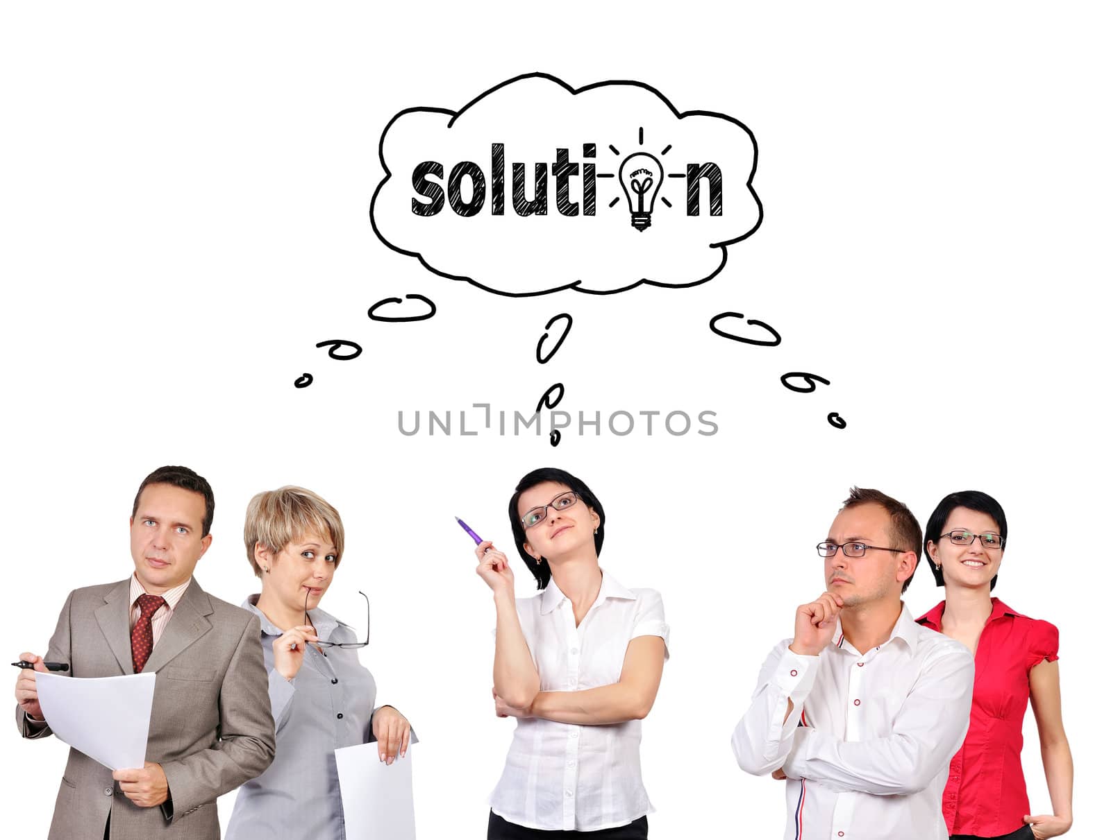 Group of businesspeople dreaming on white background