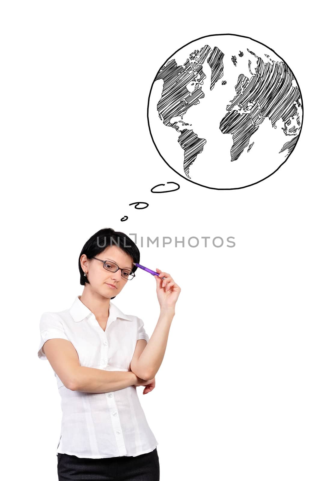 businesswoman thinks about earth on white background
