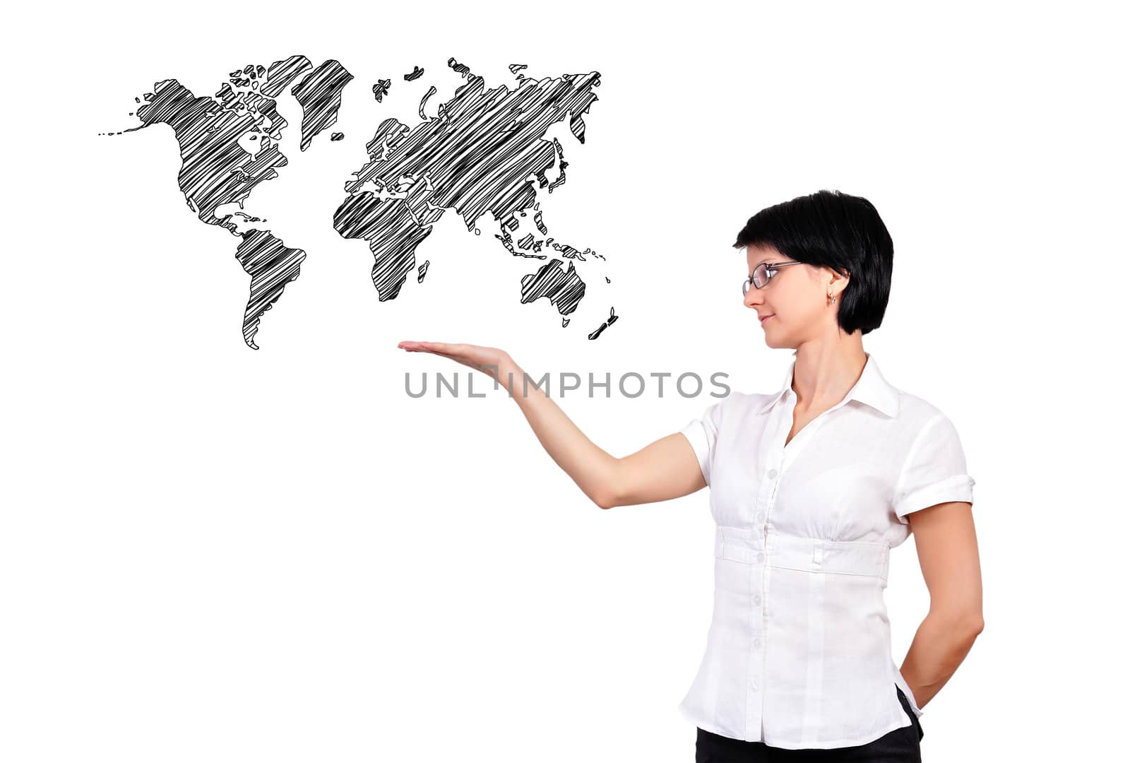 businesswoman and drawing world map