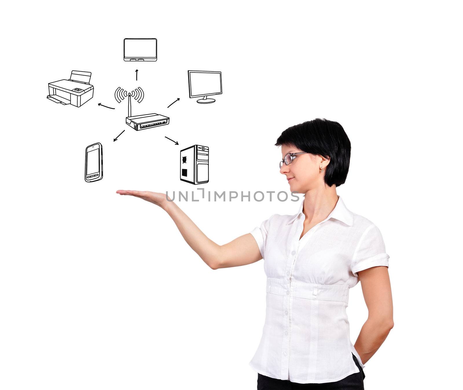 businesswoman and scheme wi-fi on a white background