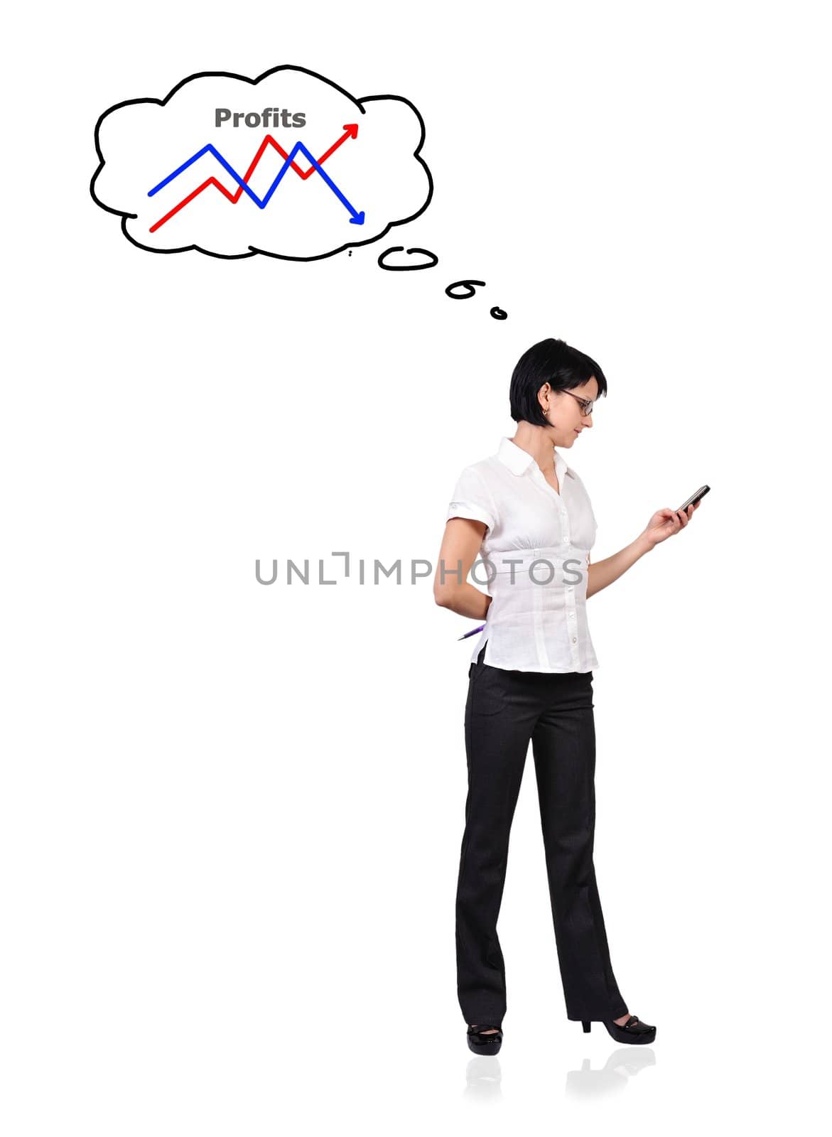 young girl with a phone and dreaming, business concept