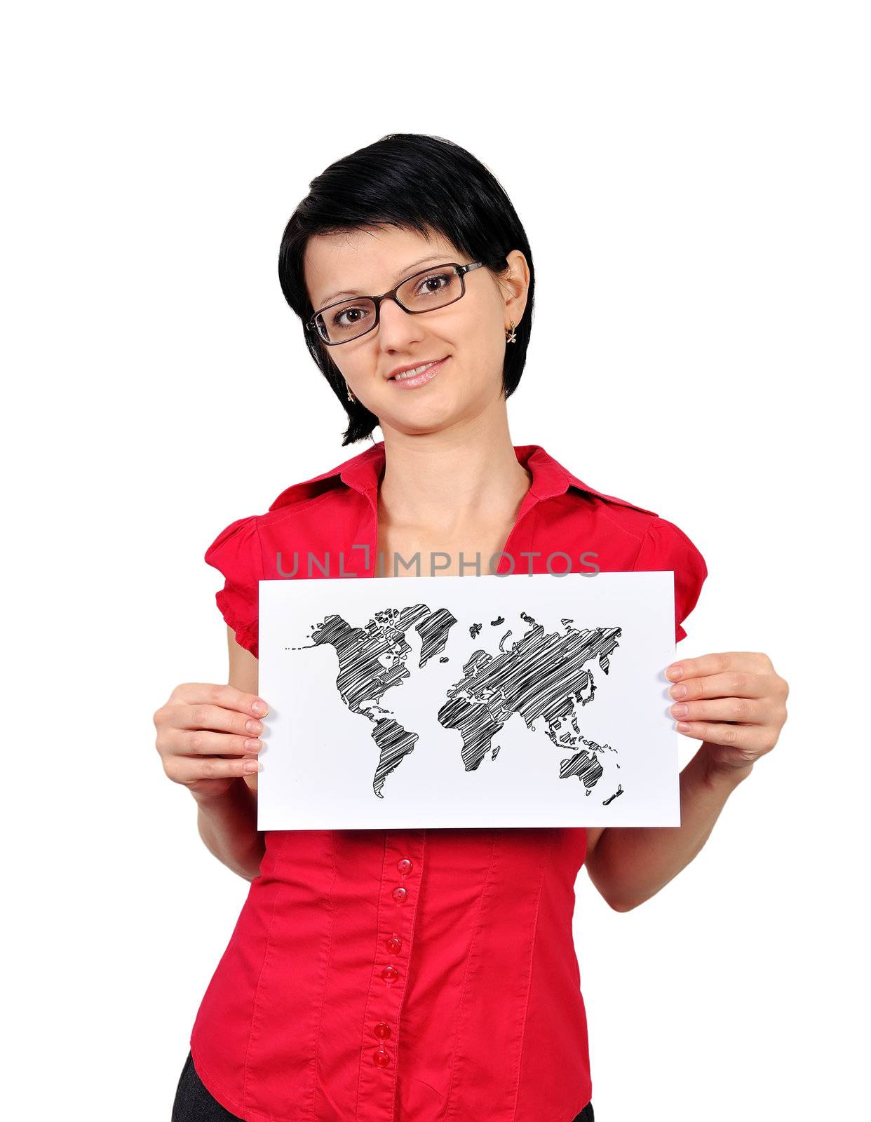 businesswoman holding poster with wopld map