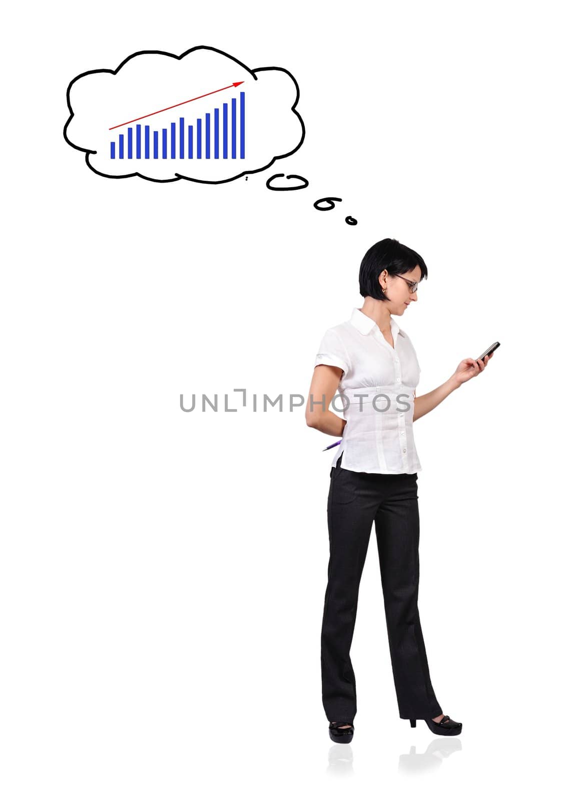 young girl with a phone and dreaming, business concept