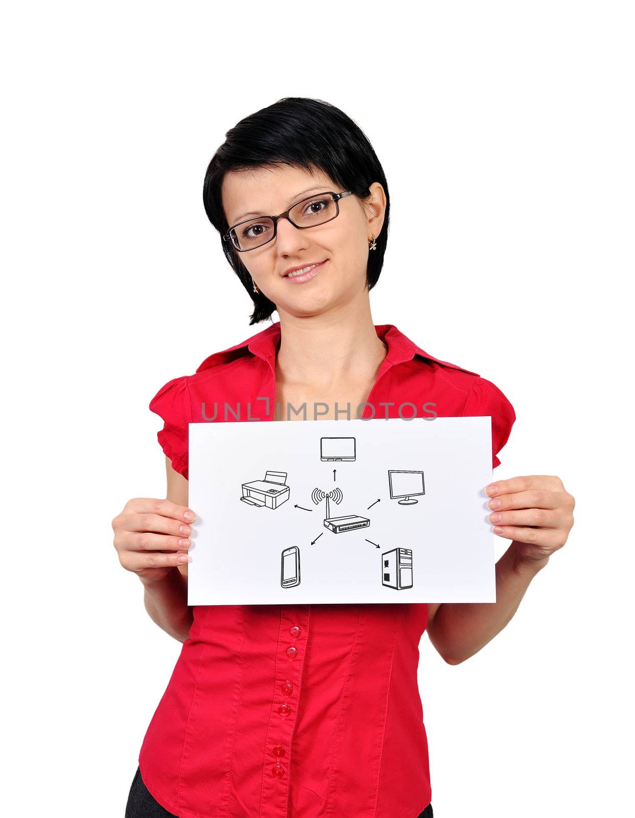 woman holding poster with scheme wi-fi