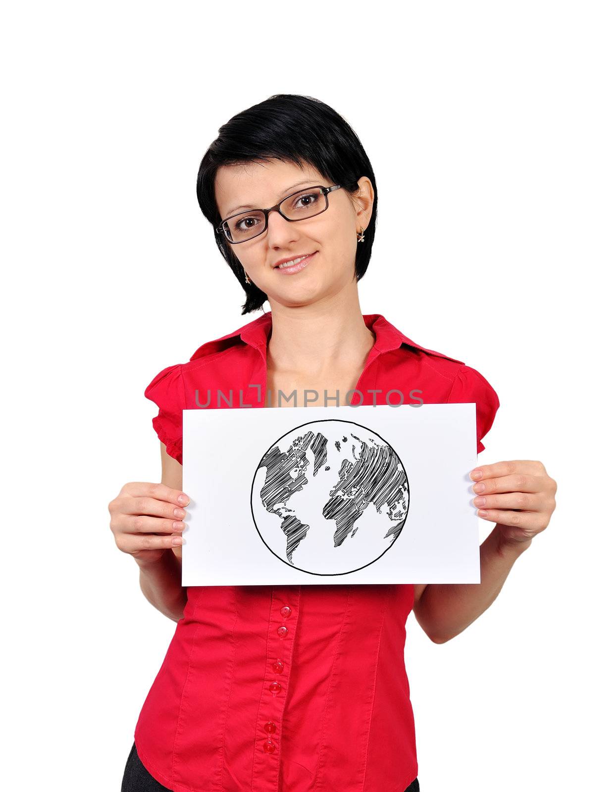 businesswoman and poster with drawing world map