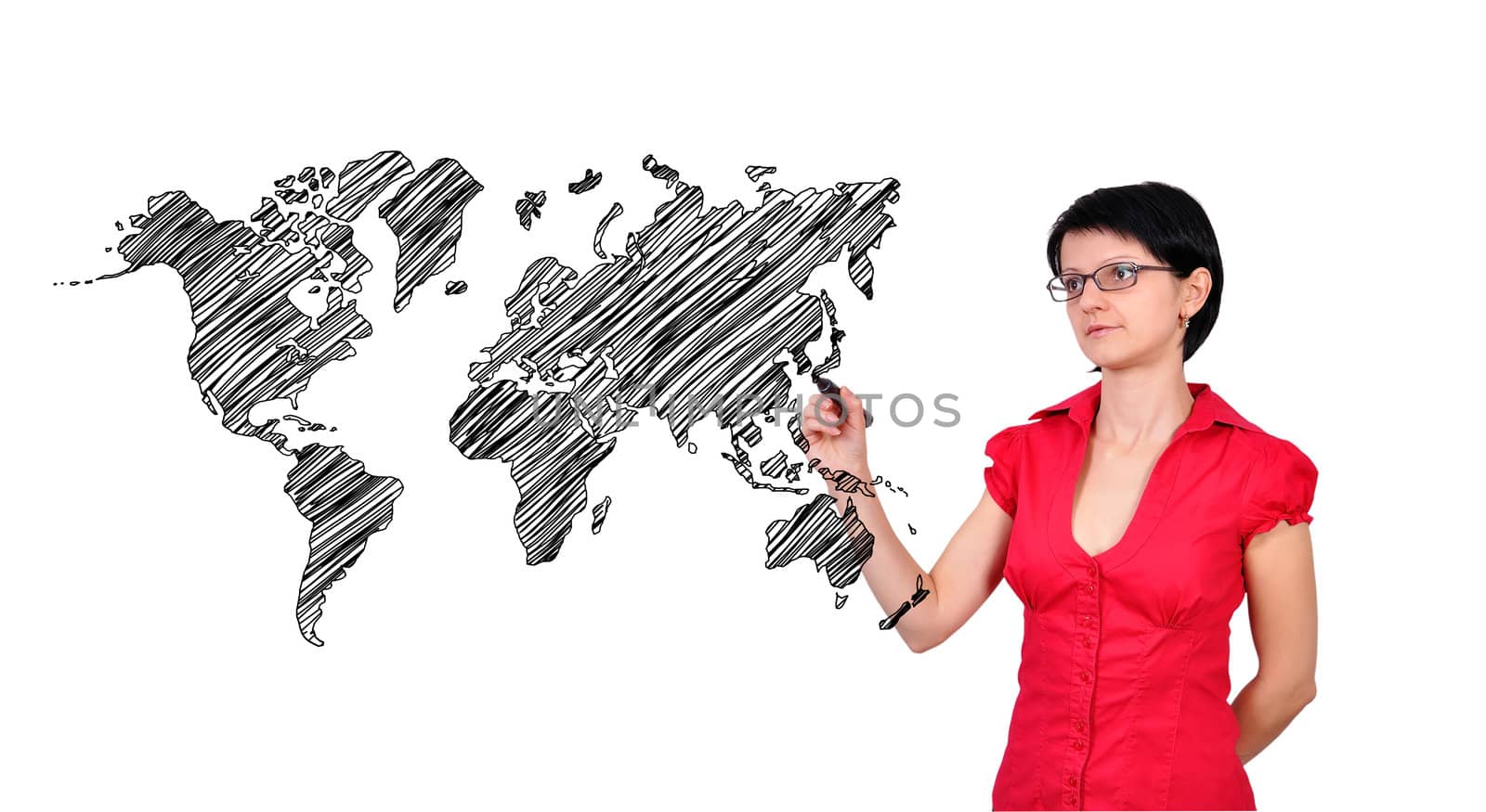 businesswoman drawing world map on a white background