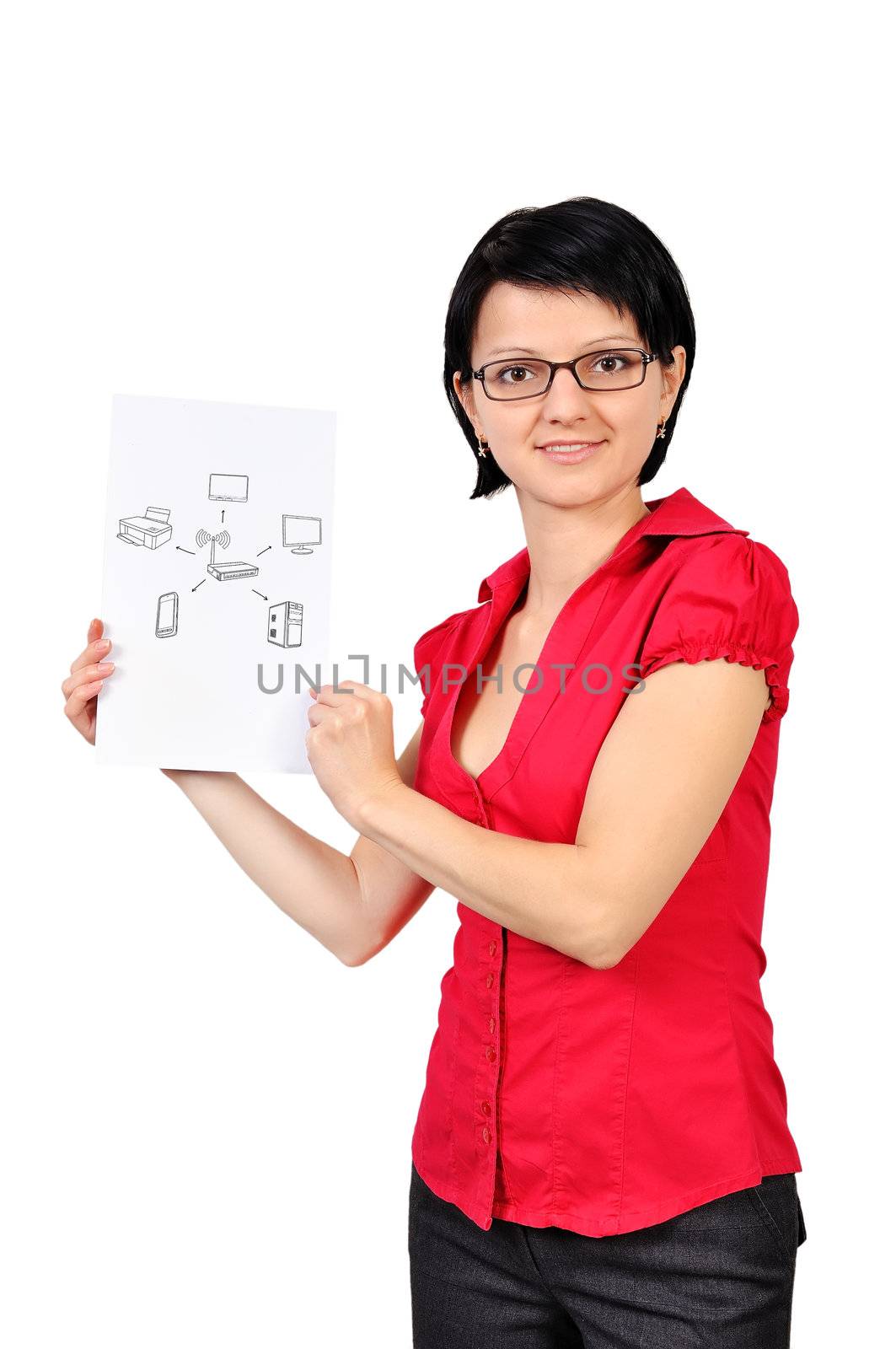 woman holding poster with scheme wi-fi