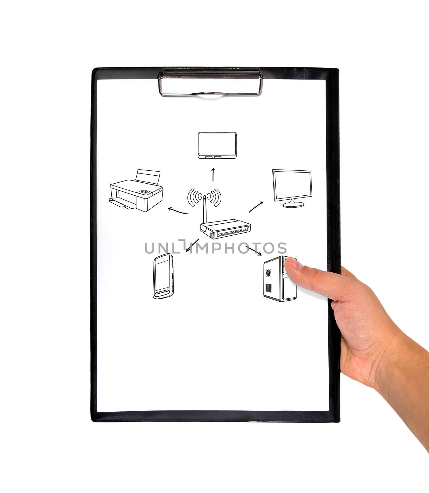 clipboard with scheme wi-fi in hand  on a white background