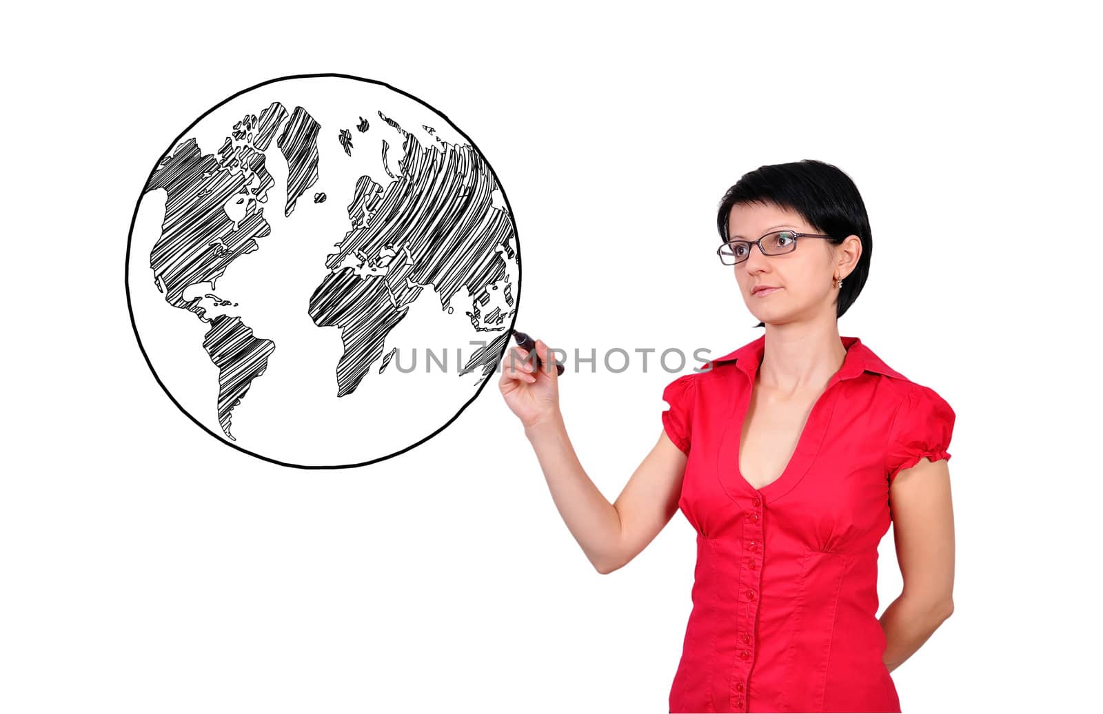 businesswoman drawing earth on white background