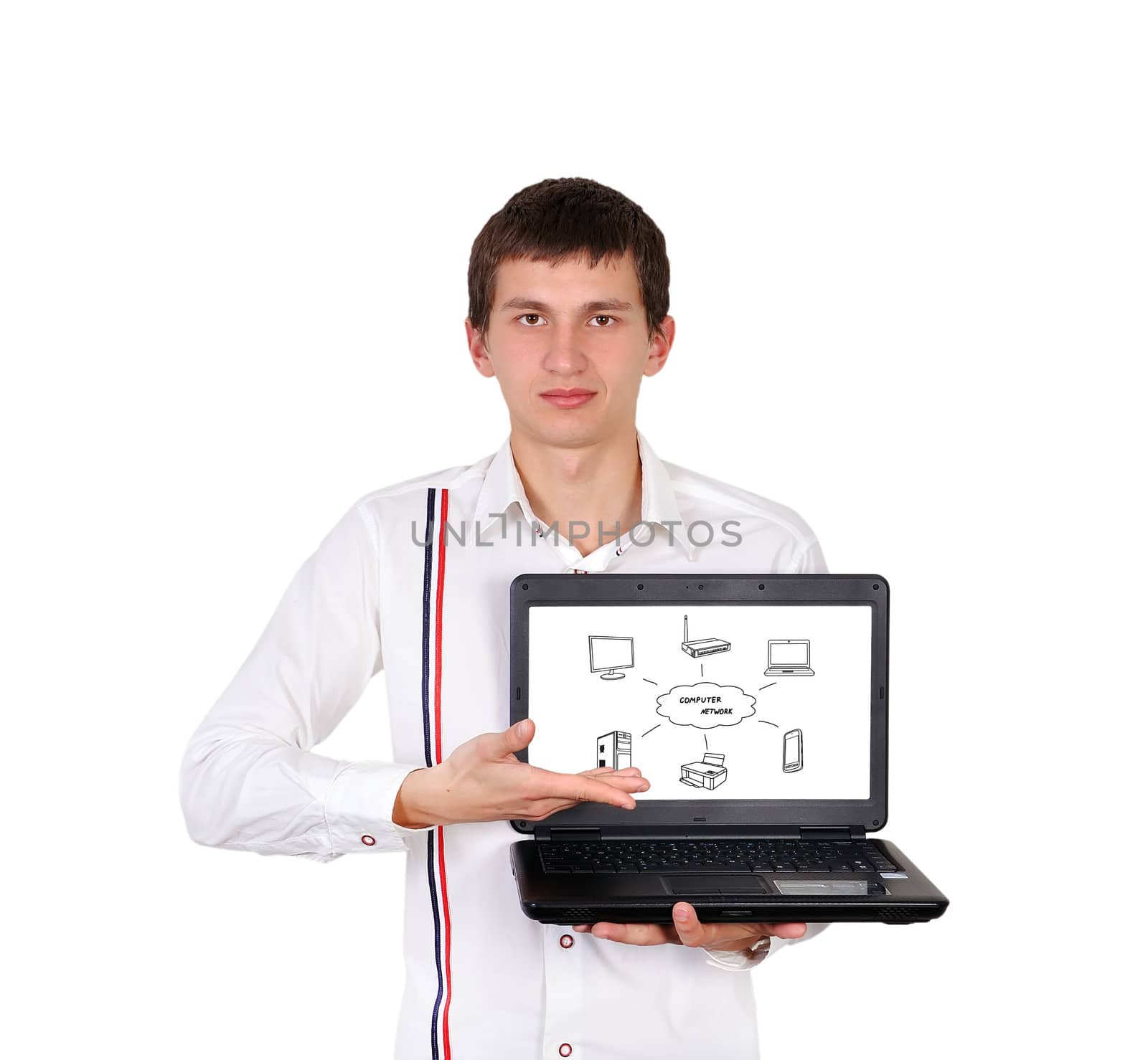 laptop with computer network  in a hand
