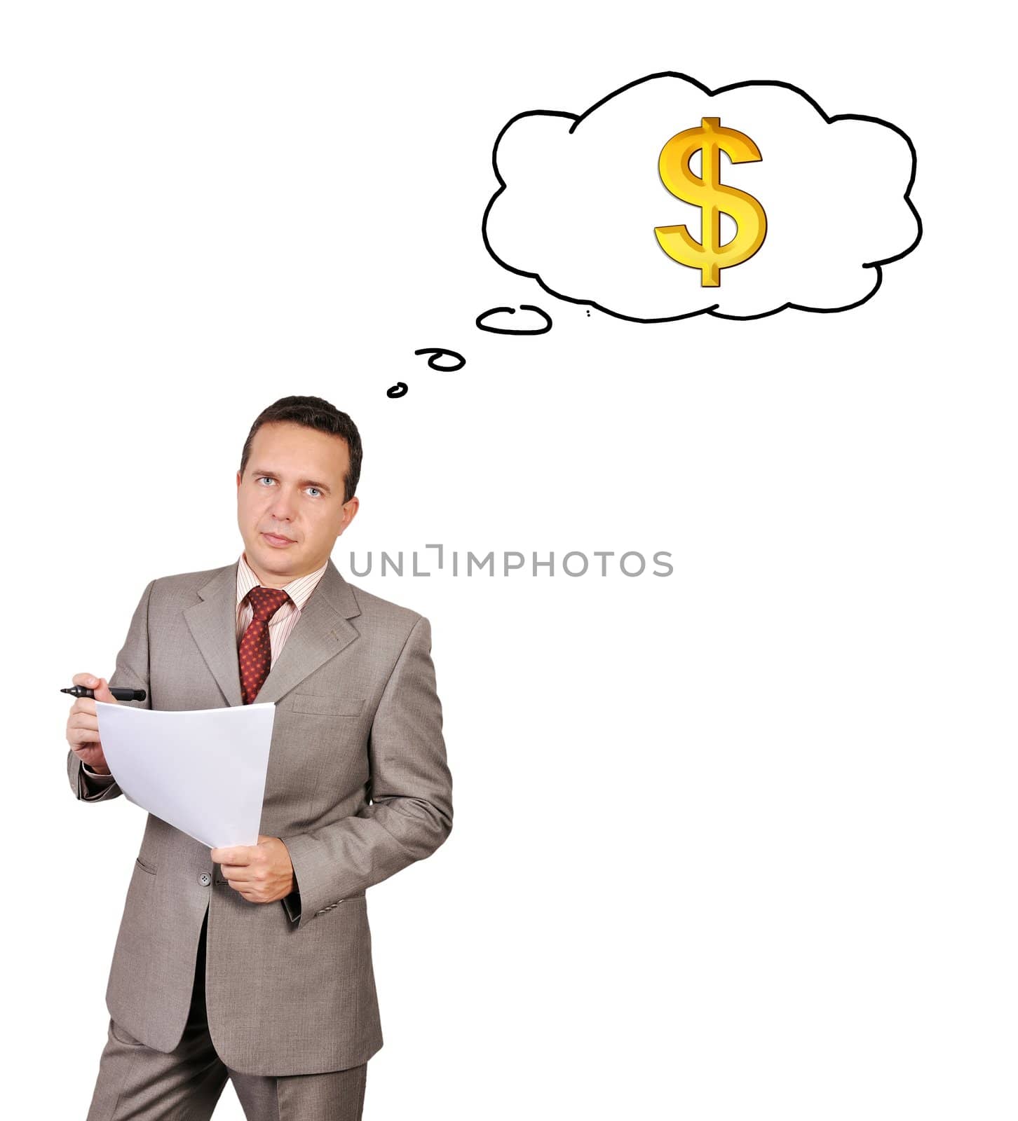 businessman with paper thinks about money