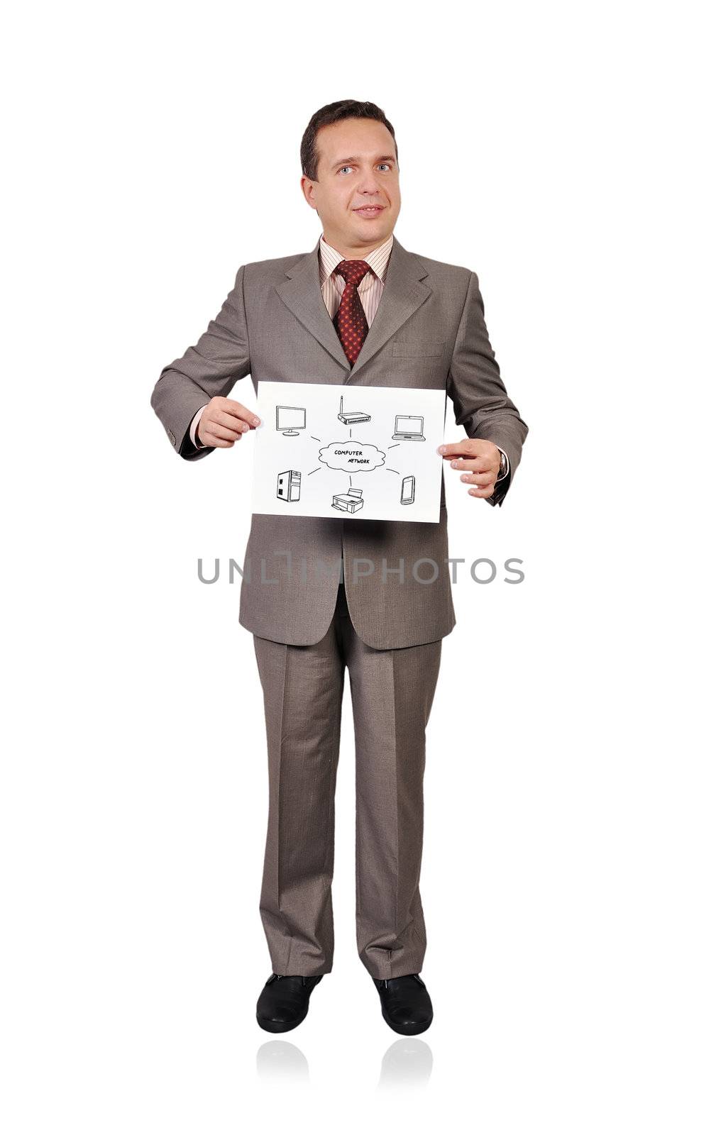 businessman holding placard with scheme computer network