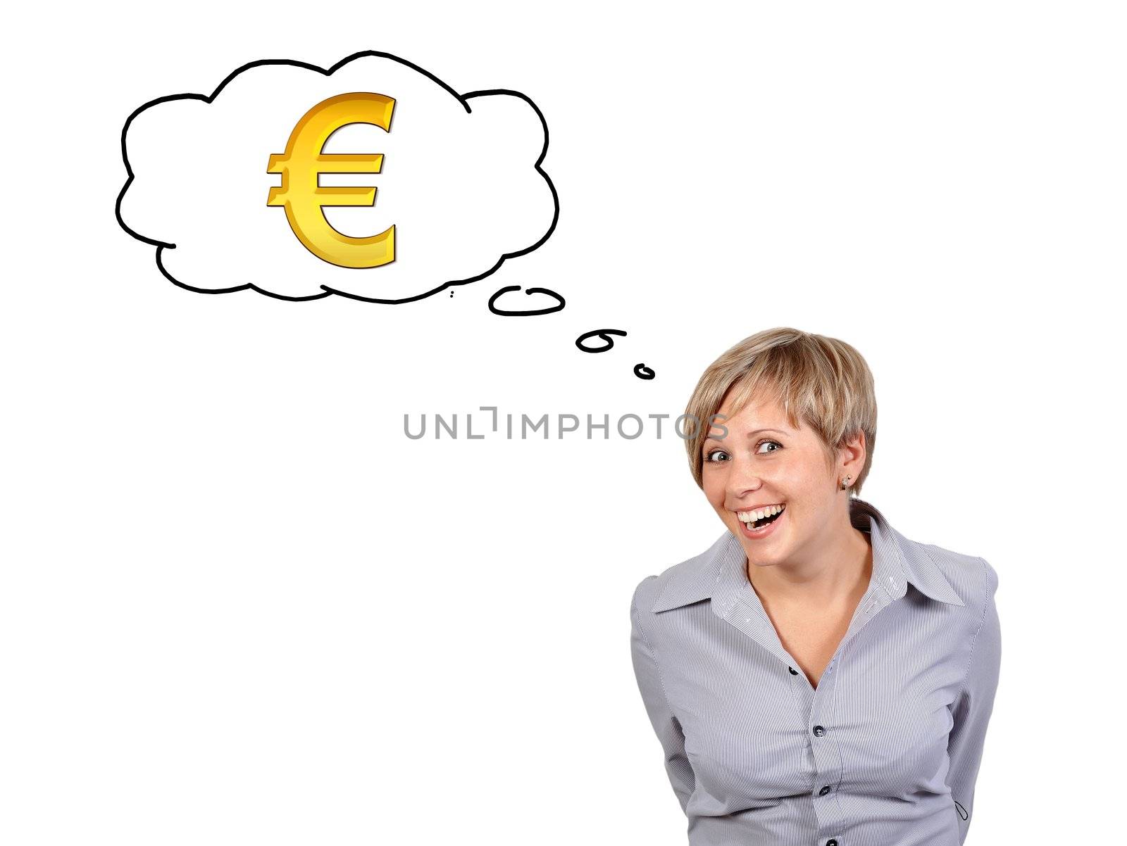 businesswoman thinking about money on white background