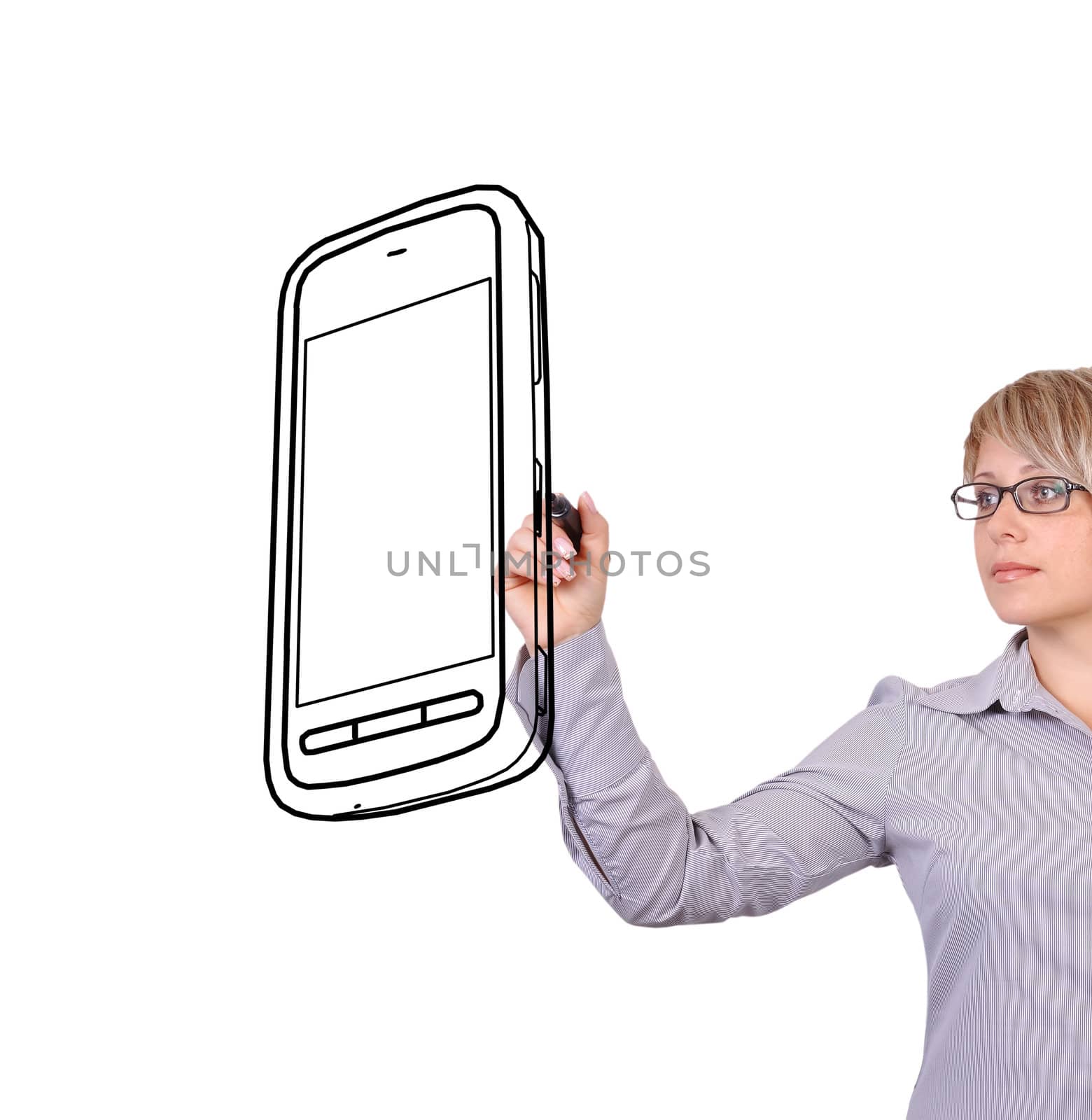 businesswoman drawing mobile phone on a white background