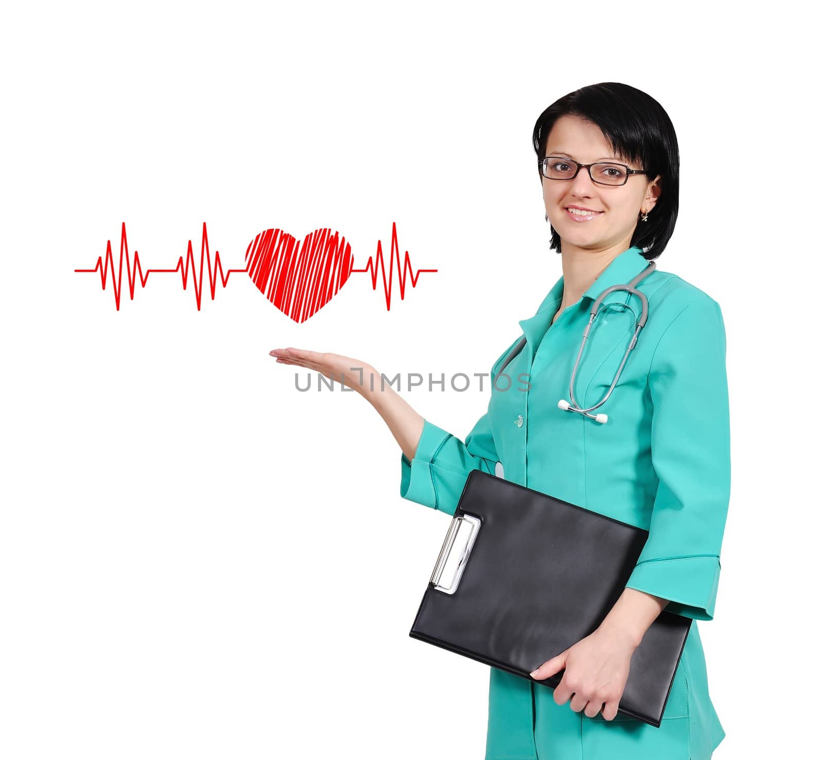 smiling young female doctor and heart with pulse