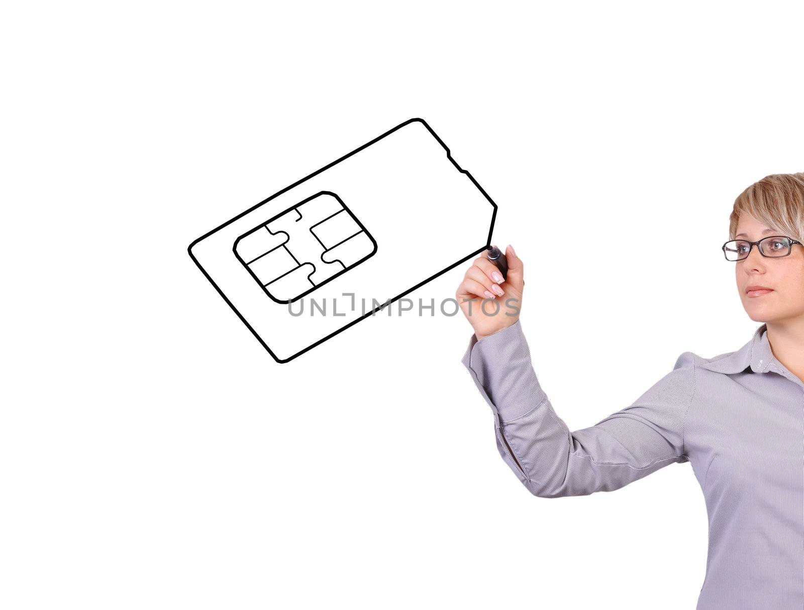 businesswoman drawing simcard on a white background
