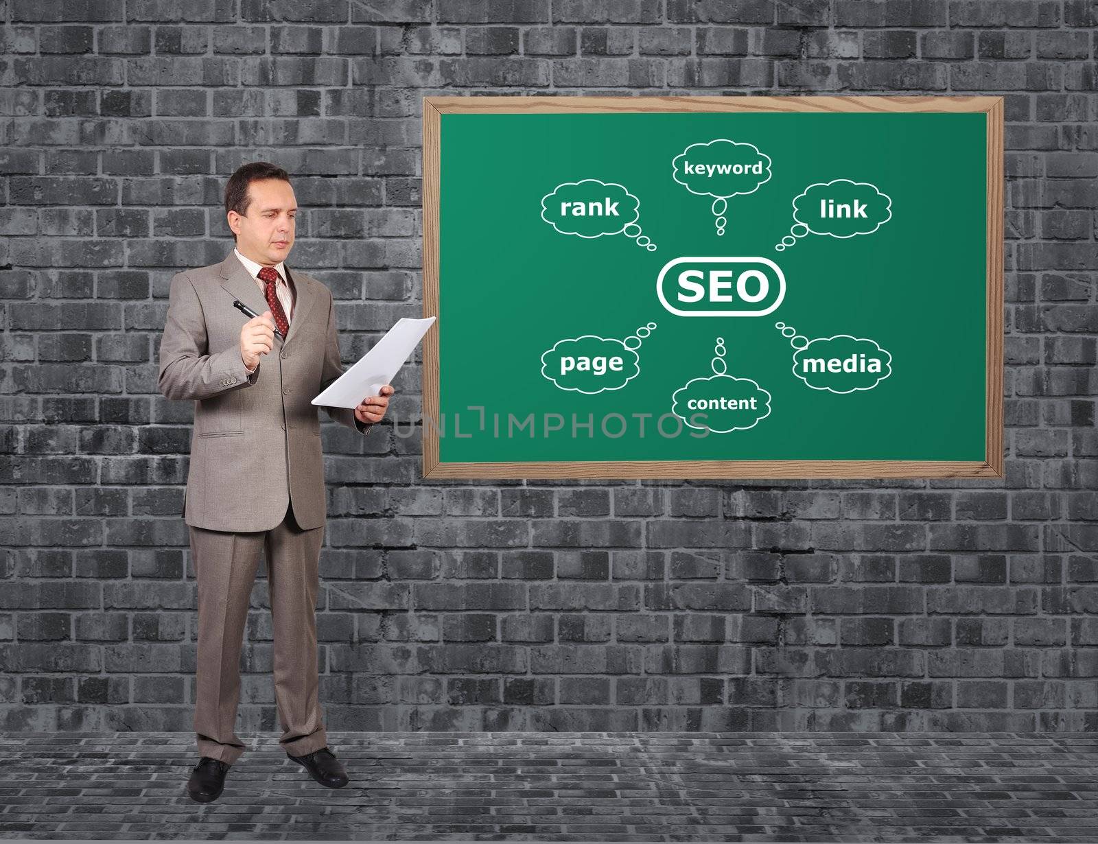 businessman with paper and scheme seo in brick room