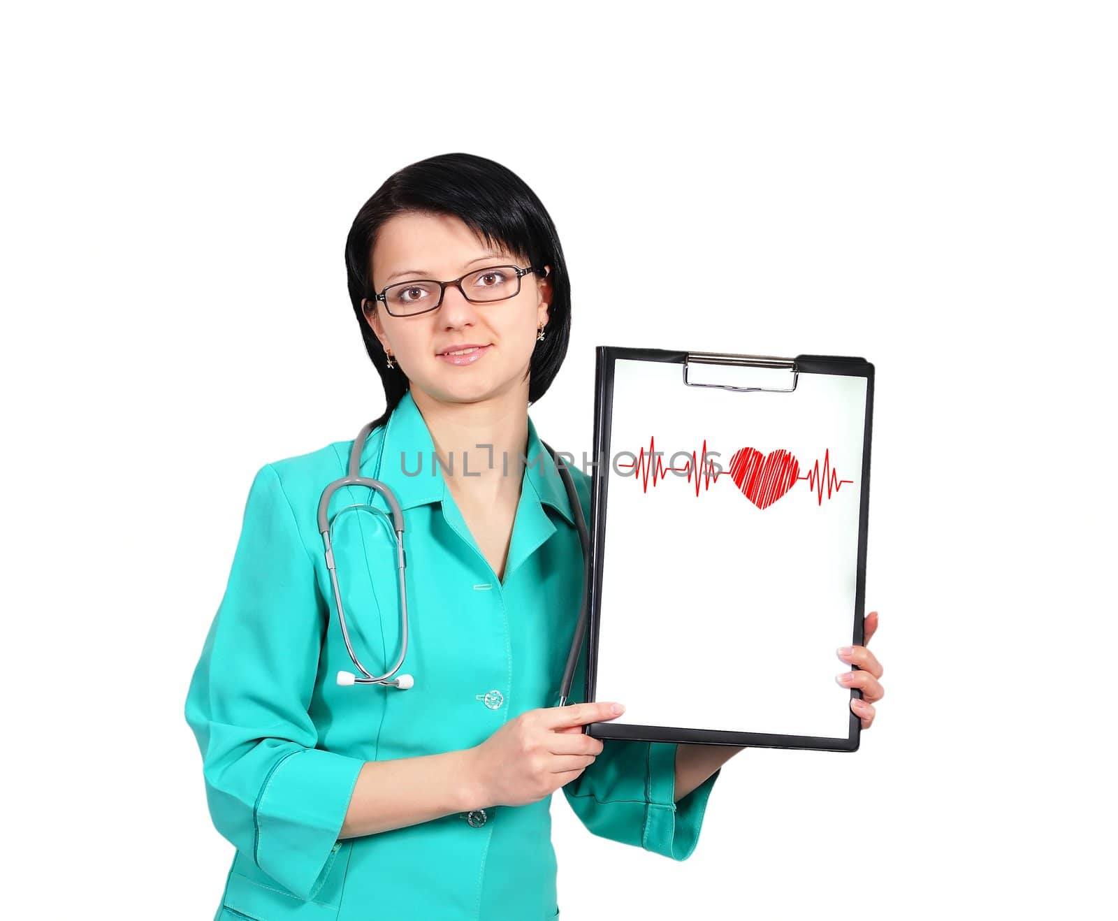 young female doctor and clipboard  with pulse