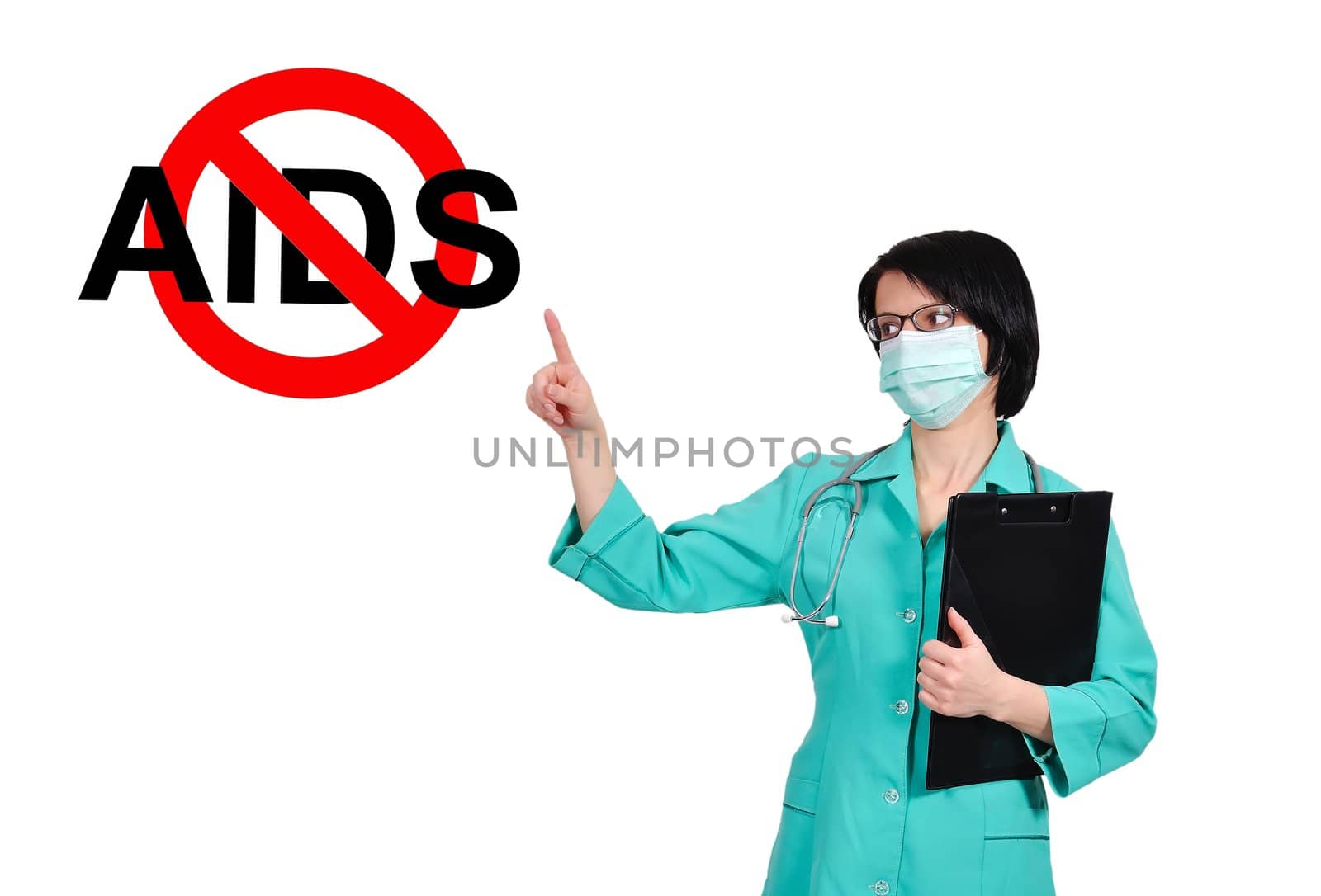 young female doctor pointing to no aids sign
