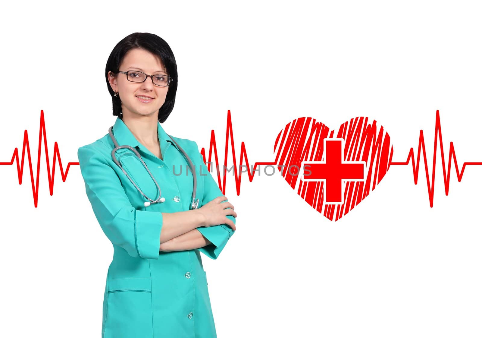 Portrait young female doctor and heartbeat