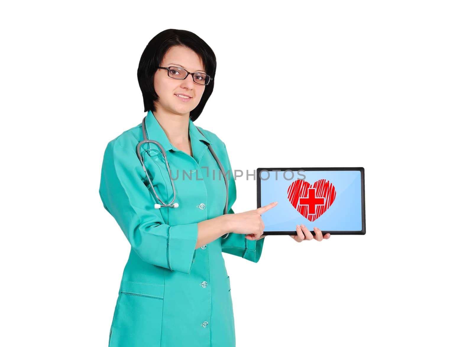 young female doctor with heart symbol on tablet