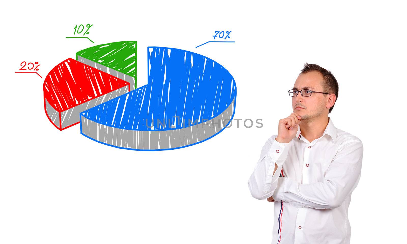 young businessman looking at pie chart of profit