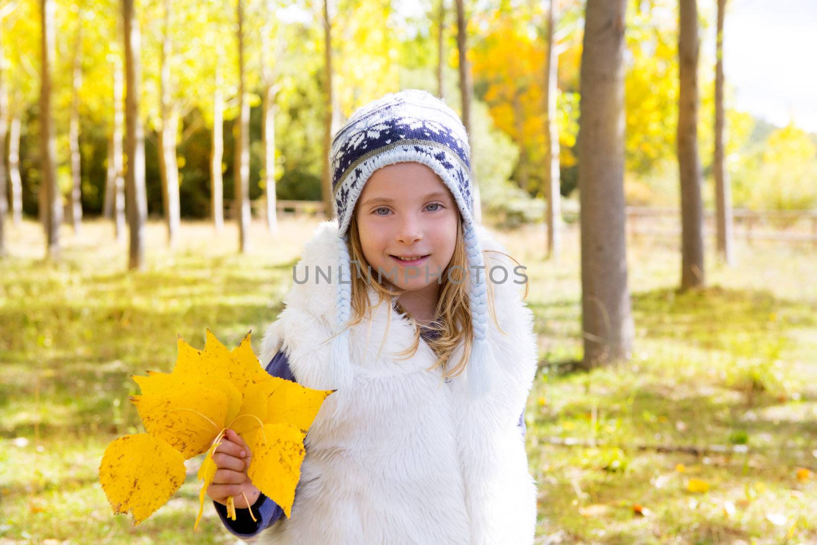Child girl in autumn poplar forest with yellow fall leaves in hand smiling happy outdoor