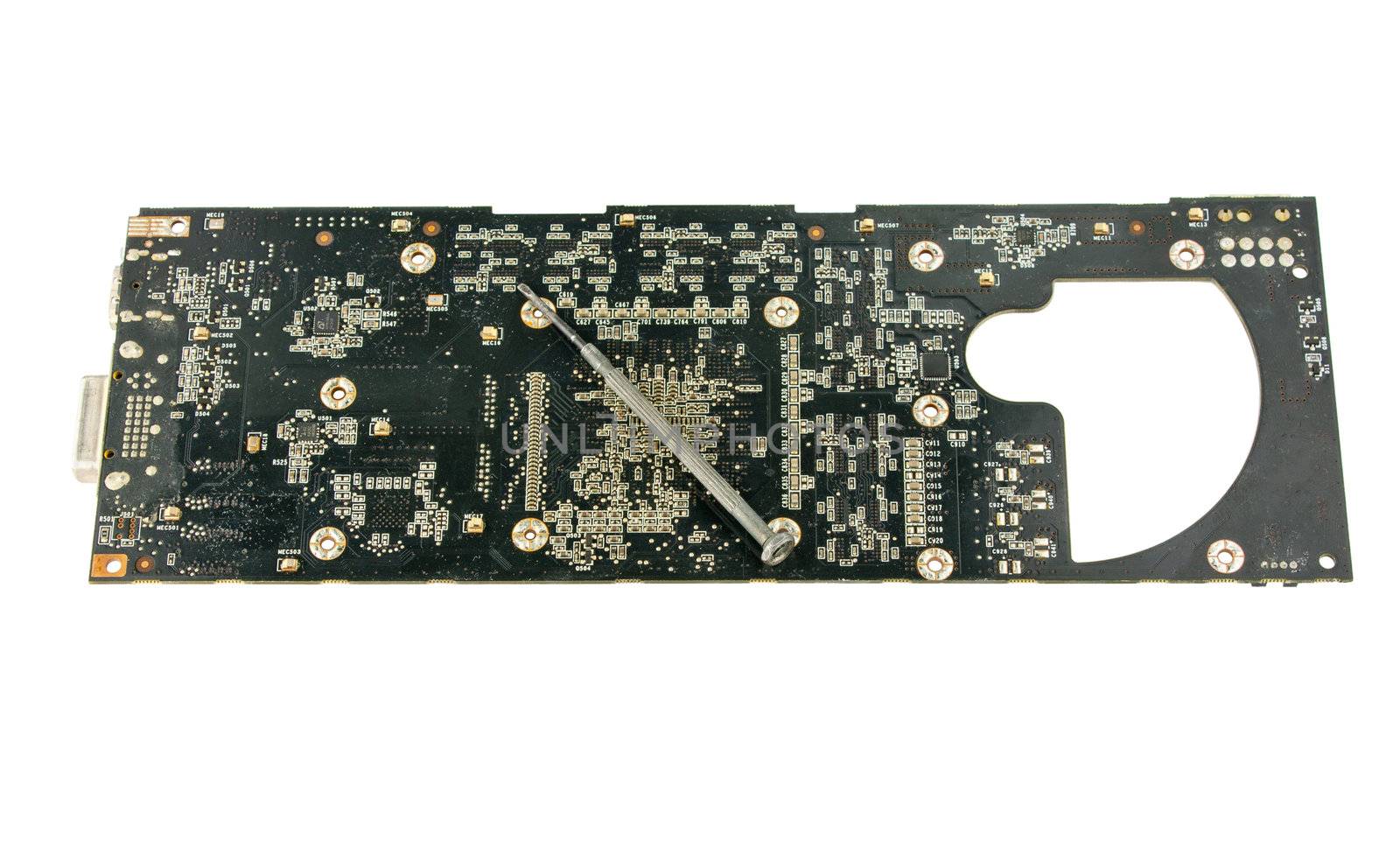 Scheme video card with screwdriver on a white background