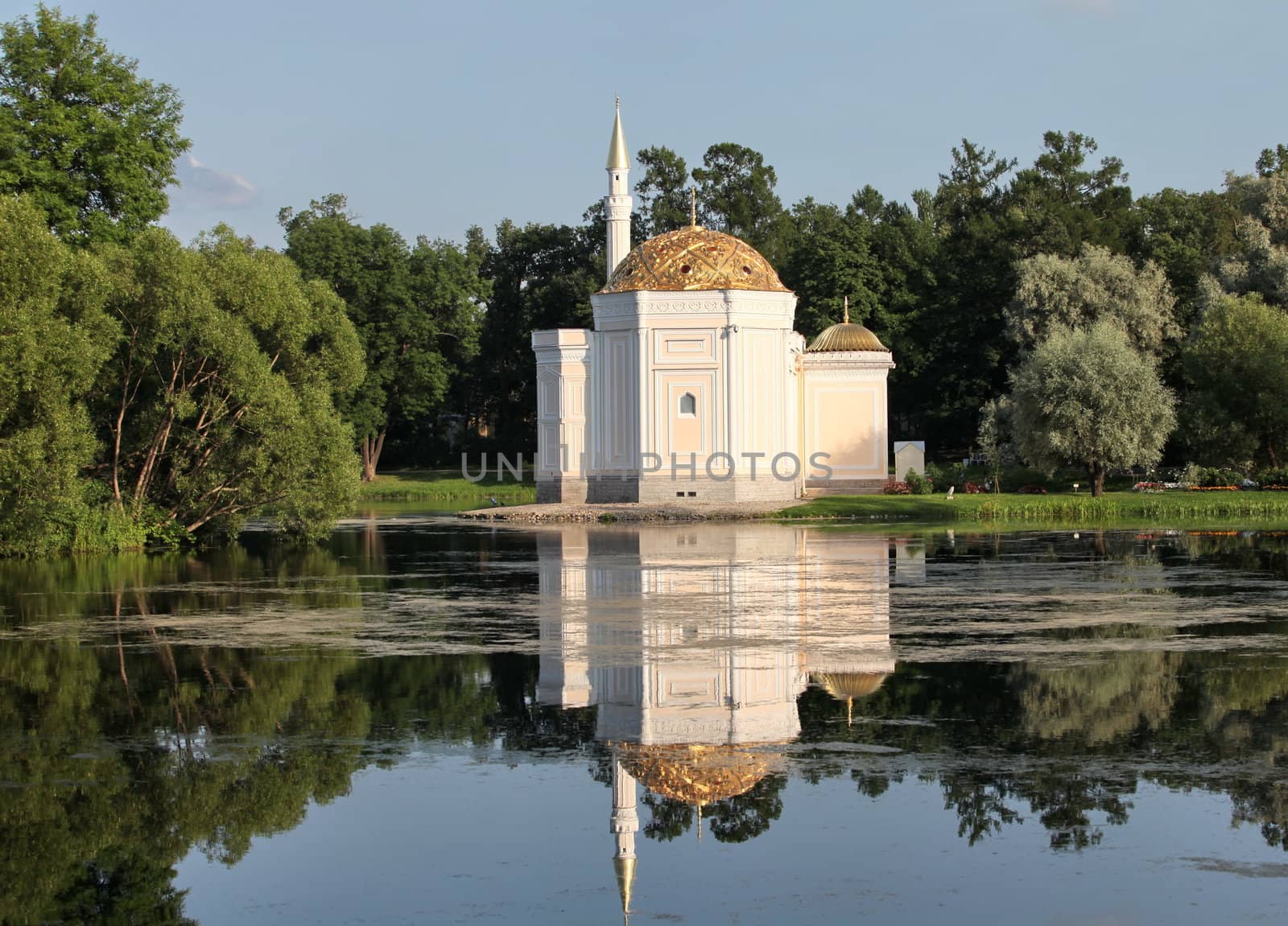 Turkish bath building on the shore of the Great Pond in St. Petersburg