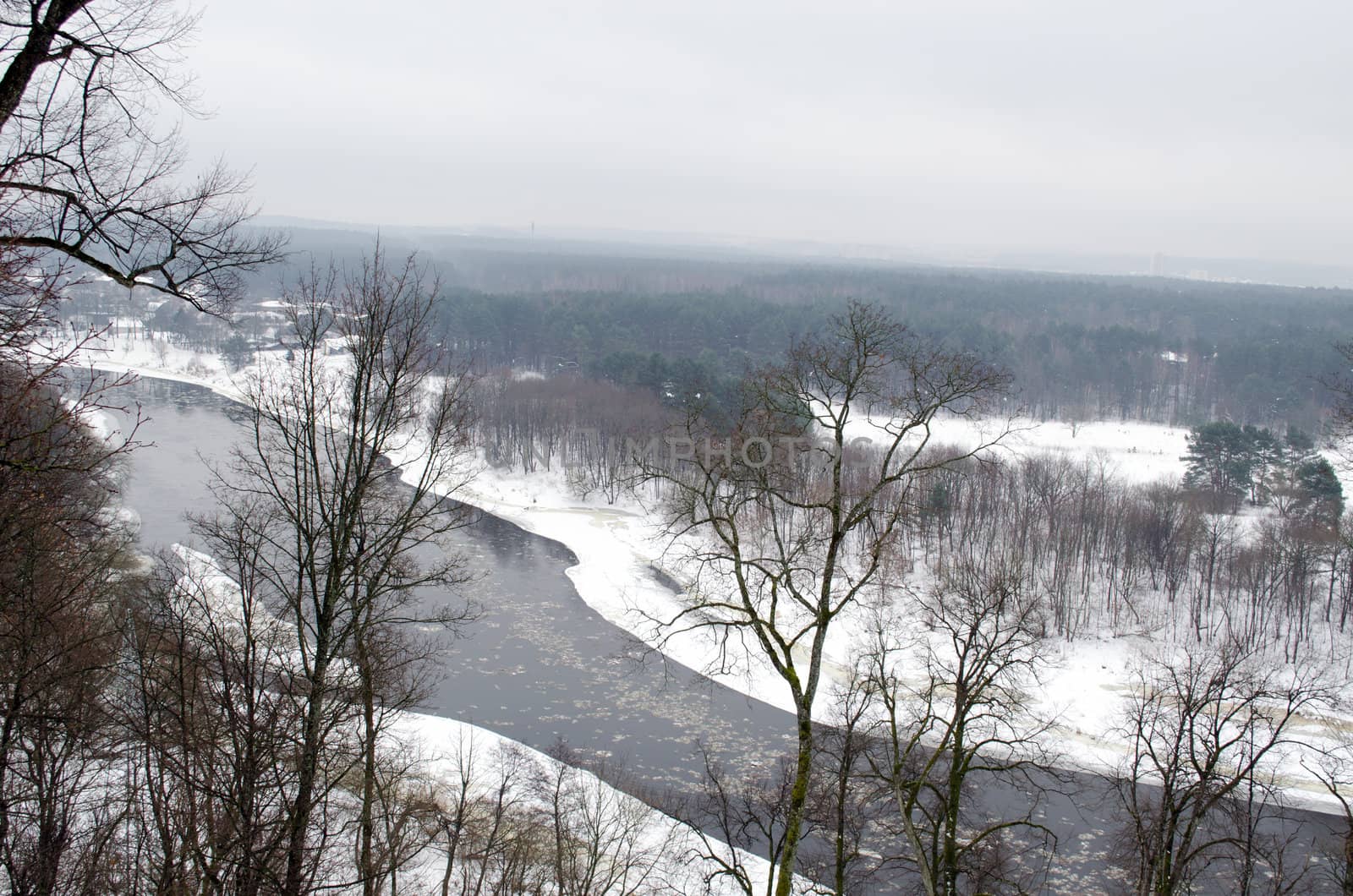 river neris ice floating amazing panoramic view in winter from verkiai park observation deck.