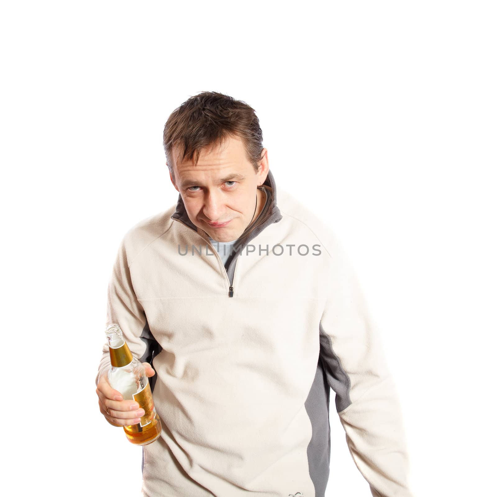 Drunk man with bottle of beer on a white background