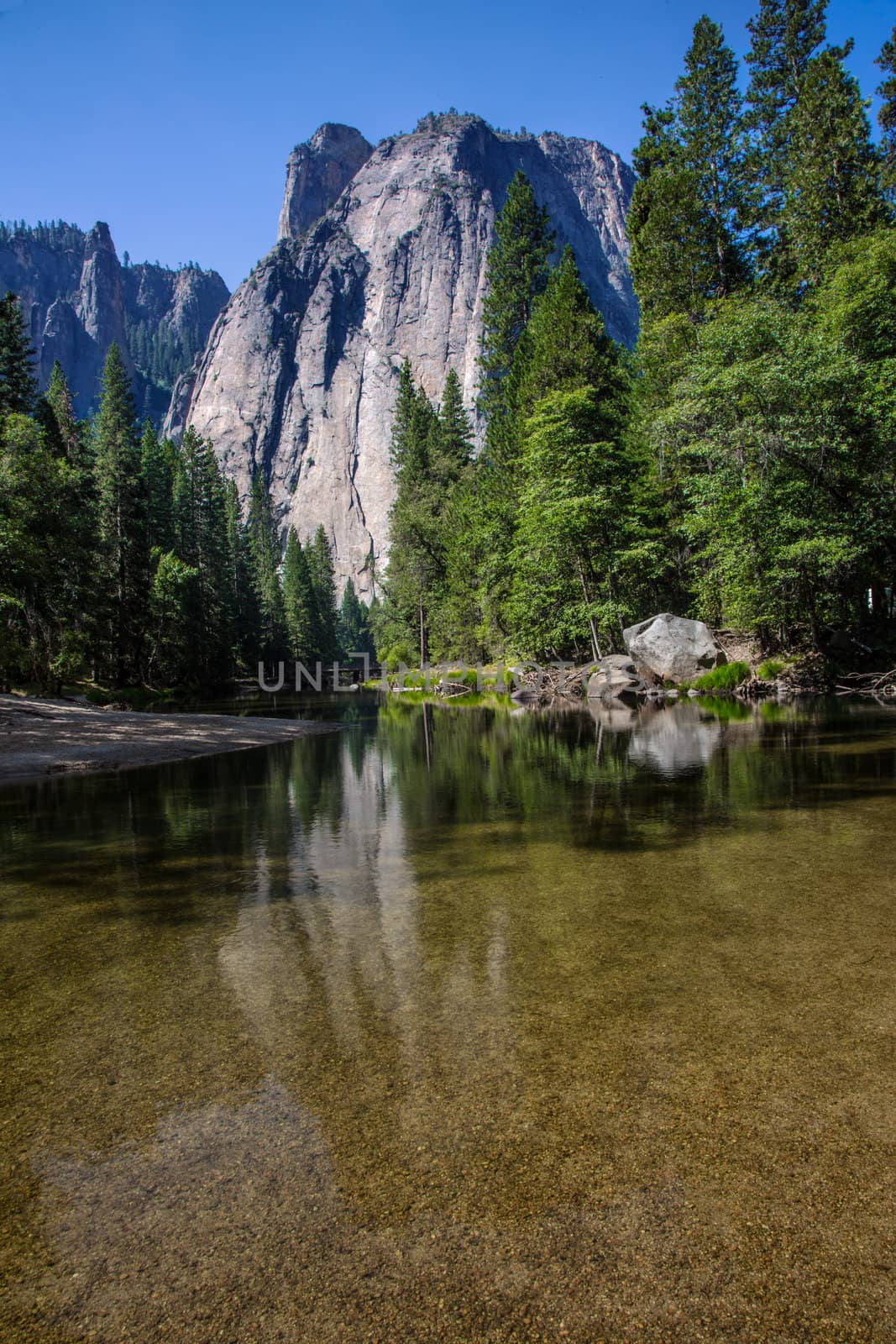 image of yosemite national park with a large granite cliff surrounded by trees and a river at the bottom of the image