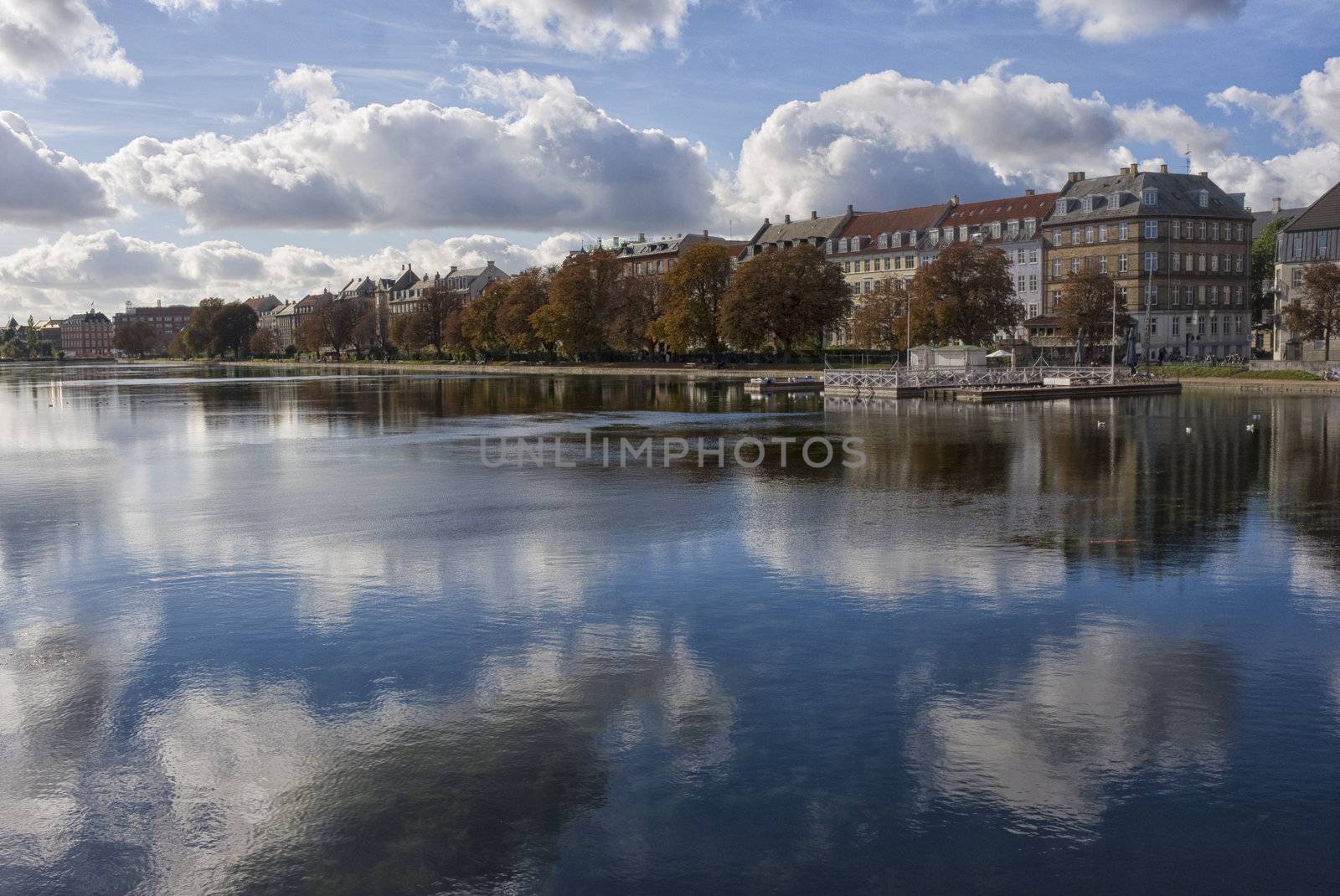 Copenhagen city by the urban lakes on a lovely October day.