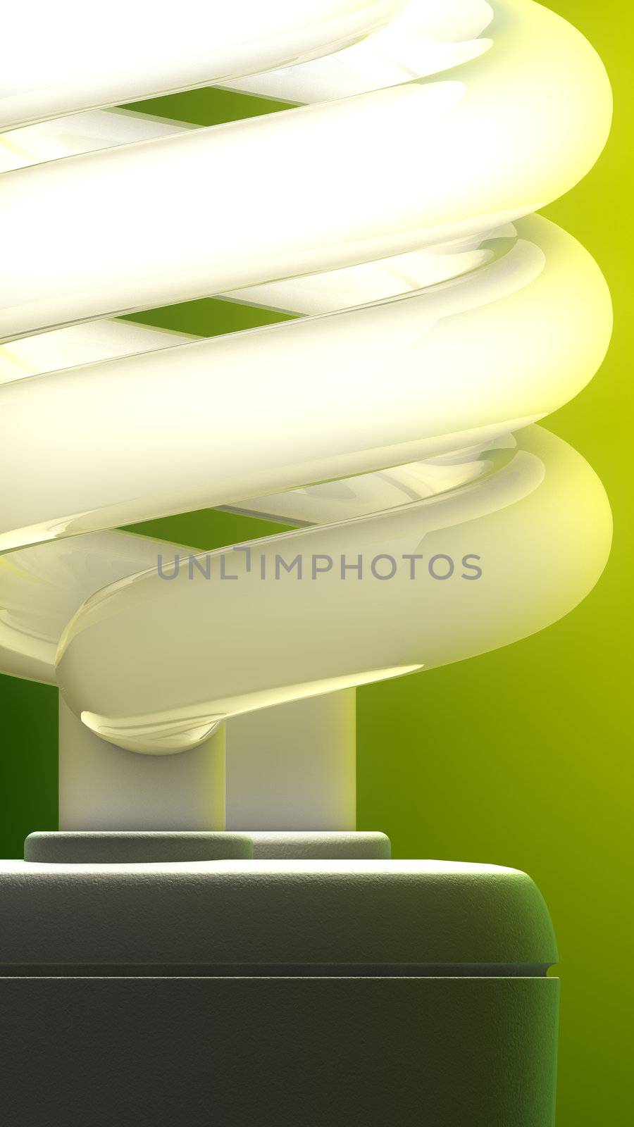 Compact fluorescent lamp close-up. Green background, ecological metaphor.