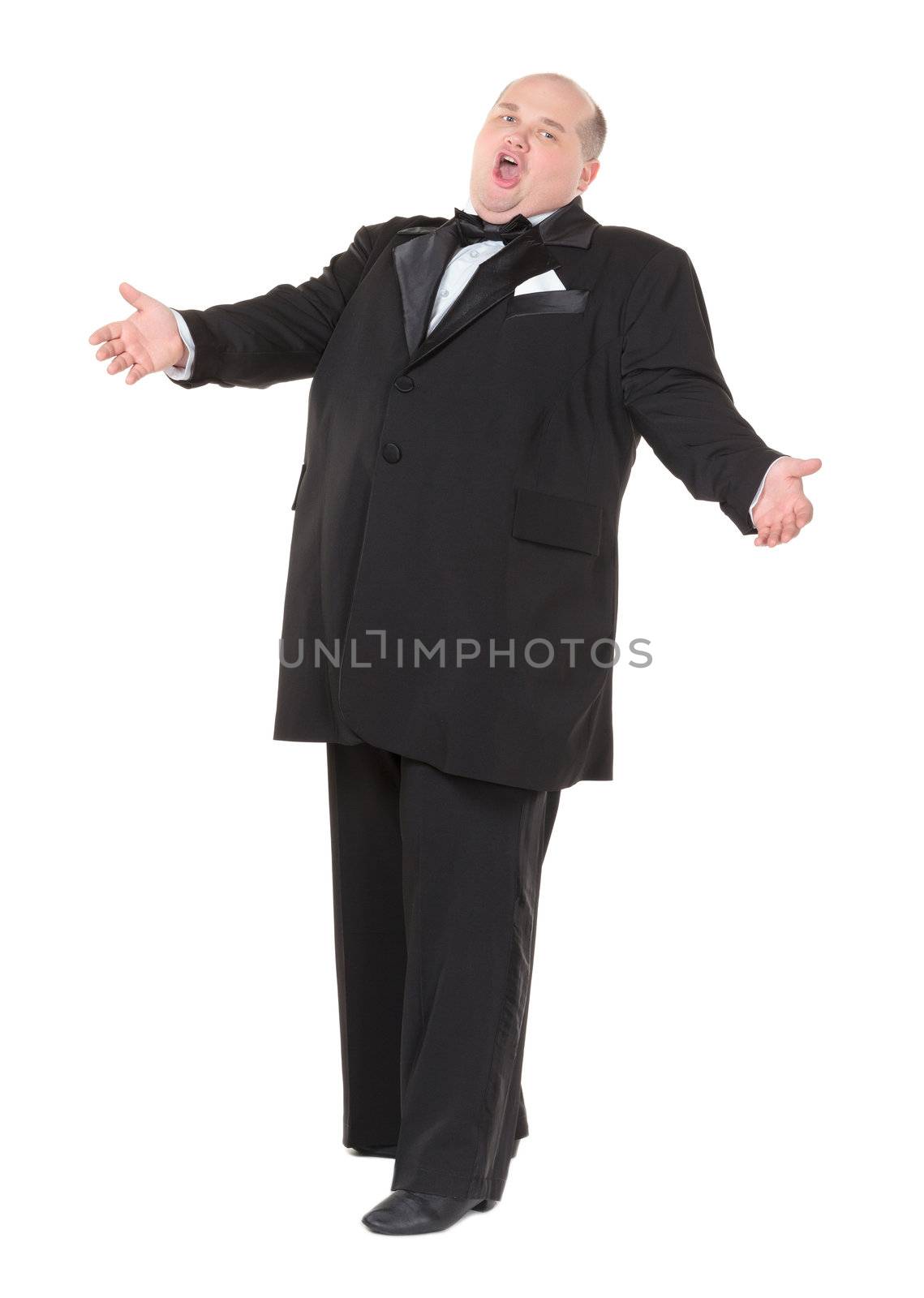 Very overweight cheerful businessman, on white background