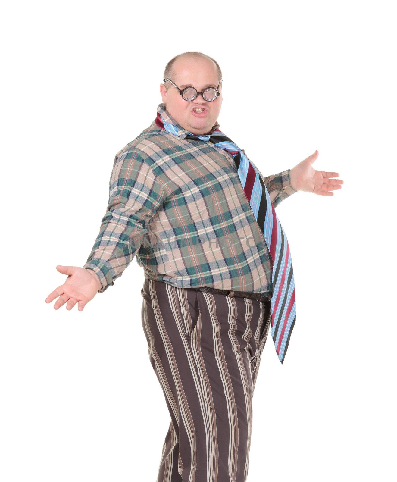 Fun portrait of an obese man with an outrageous fashion sense with oversized flamboyant tie, on white